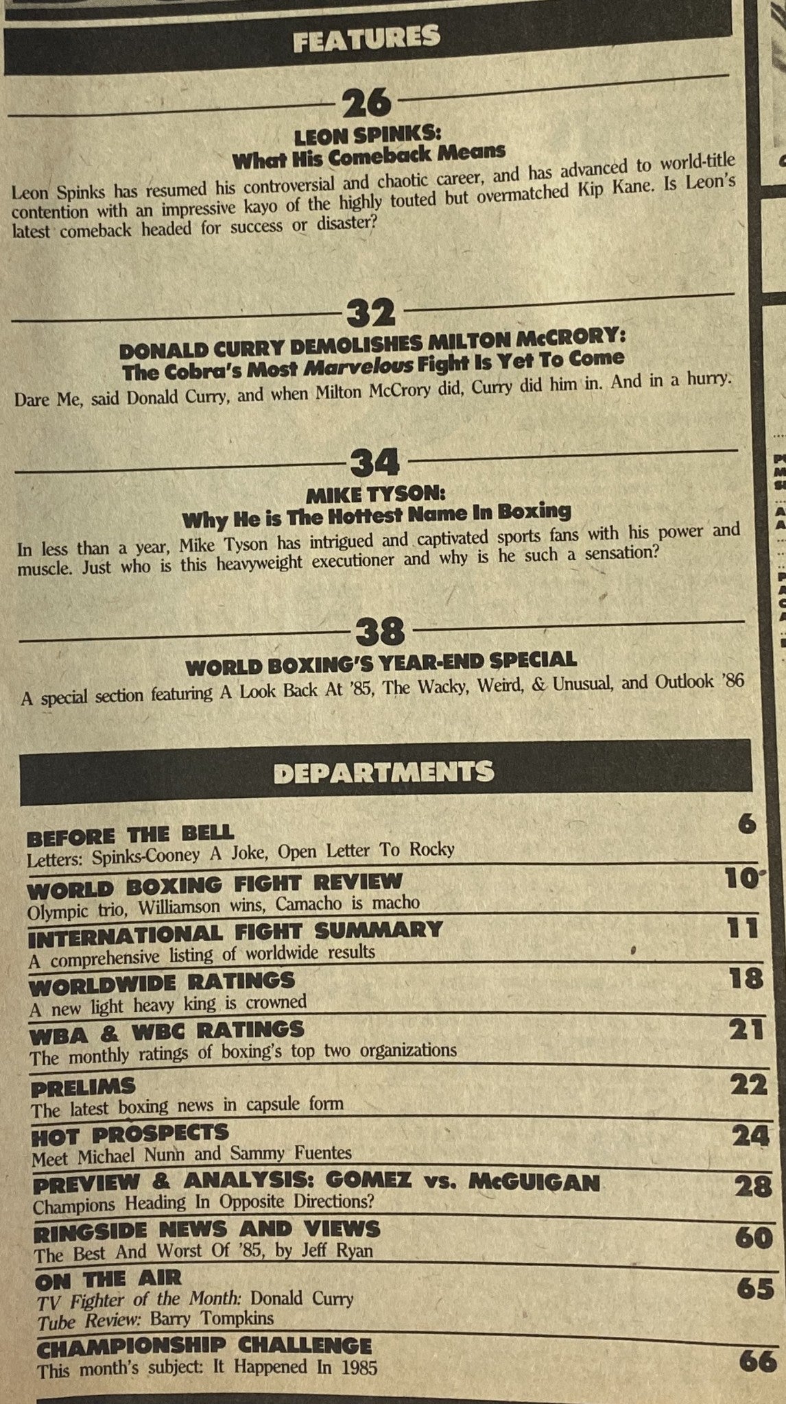 Features section from World Boxing Magazine April 1986, highlighting articles including Leon Spinks' comeback, Donald Curry's fight with Milton McCrory, and Mike Tyson's rise in boxing.