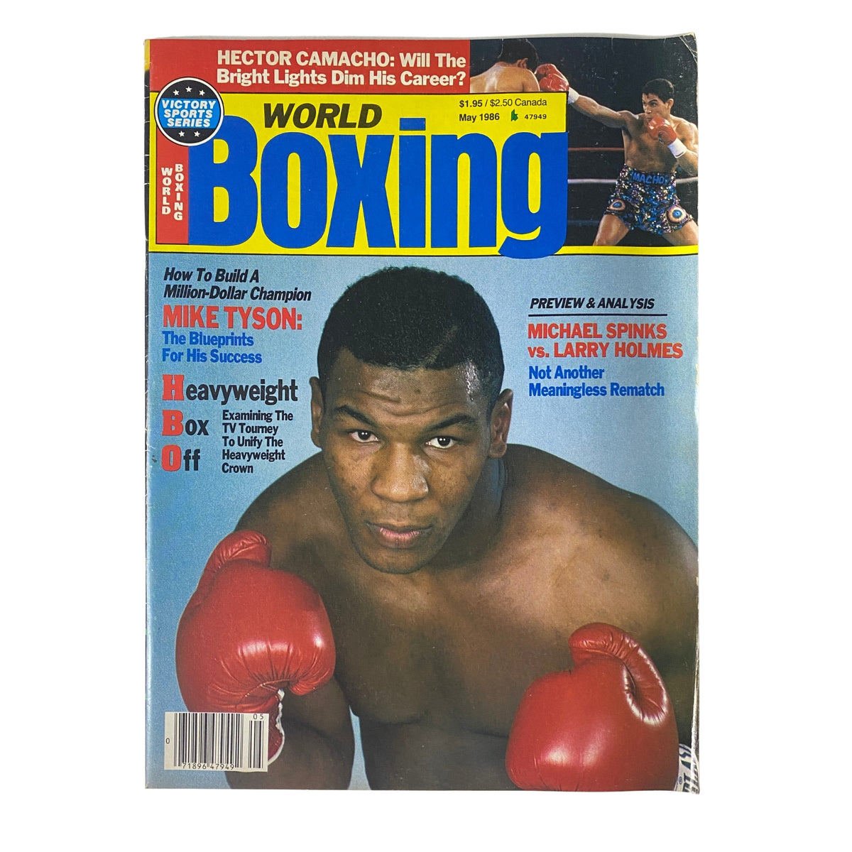 Cover of World Boxing Magazine May 1986 featuring Mike Tyson, showcasing his rise as a heavyweight boxing sensation. The cover includes articles on boxing legends and highlights from the heavyweight division.
