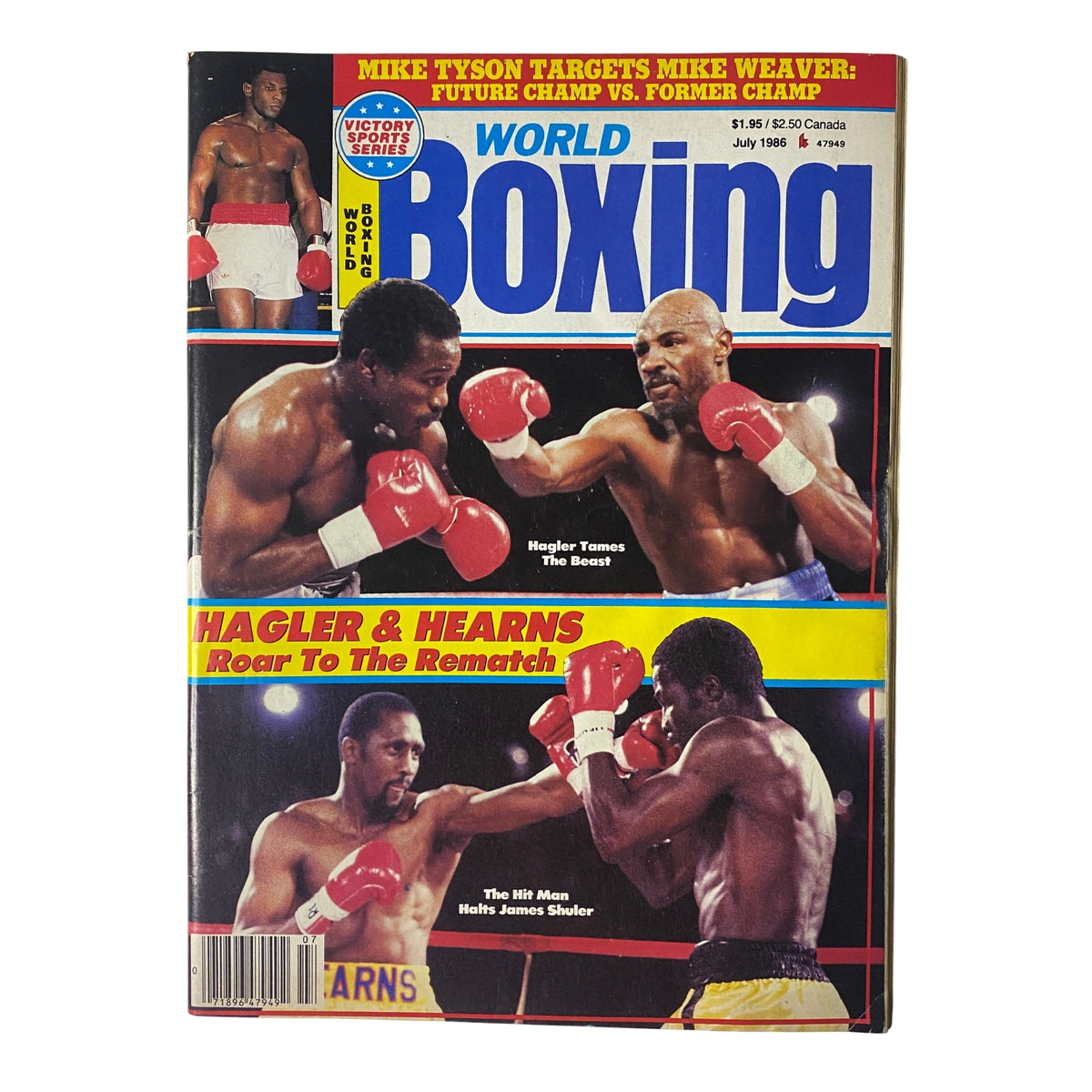 World Boxing Magazine July 1986 cover featuring Marvin Hagler and John Mugabi in a boxing match headline, highlighting Hagler's victory and the anticipated rematch with Hearns.