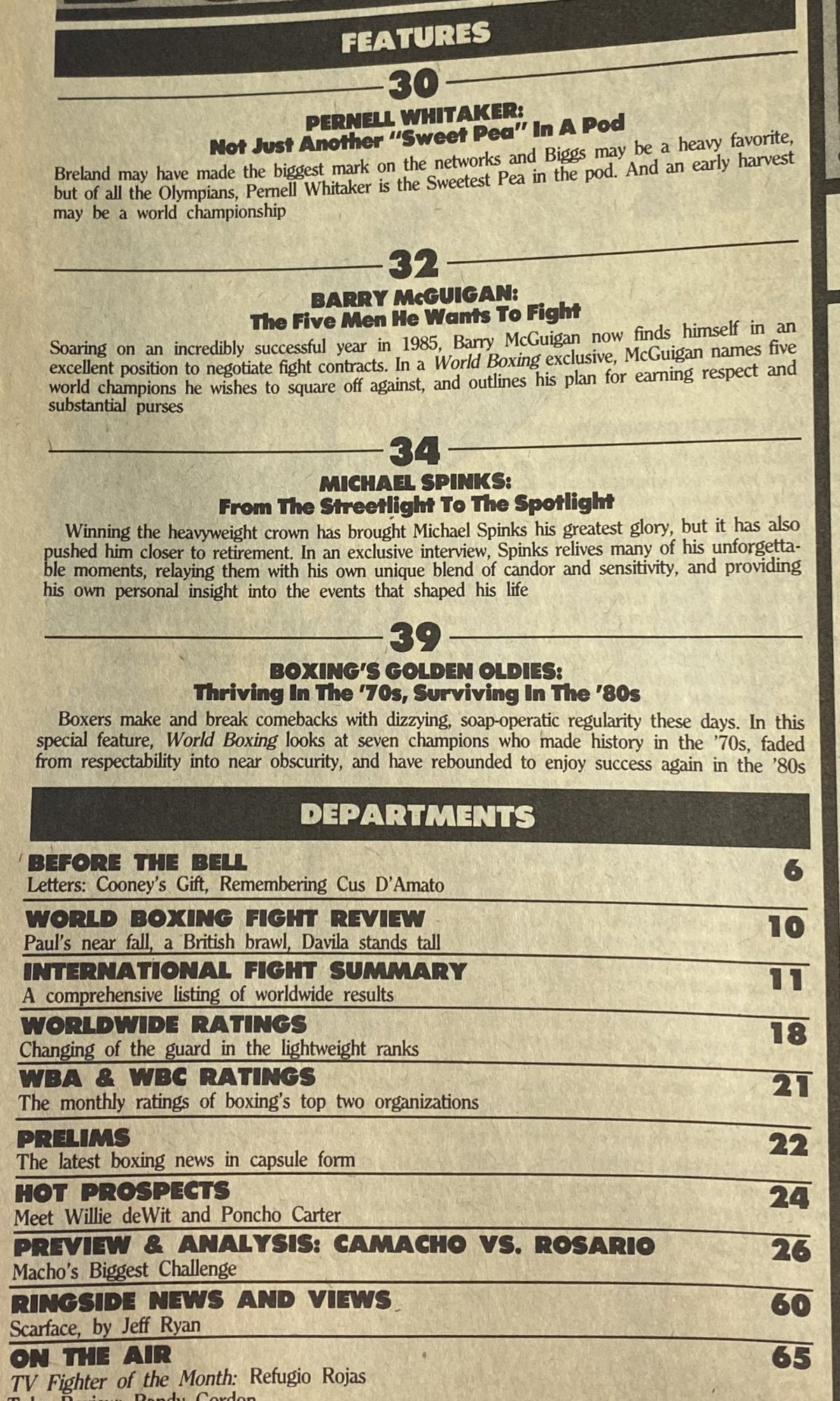 World Boxing Magazine March 1986 table of contents detailing feature articles such as Michael Spinks' exclusive interview, alongside sections on boxing legends and upcoming matches.