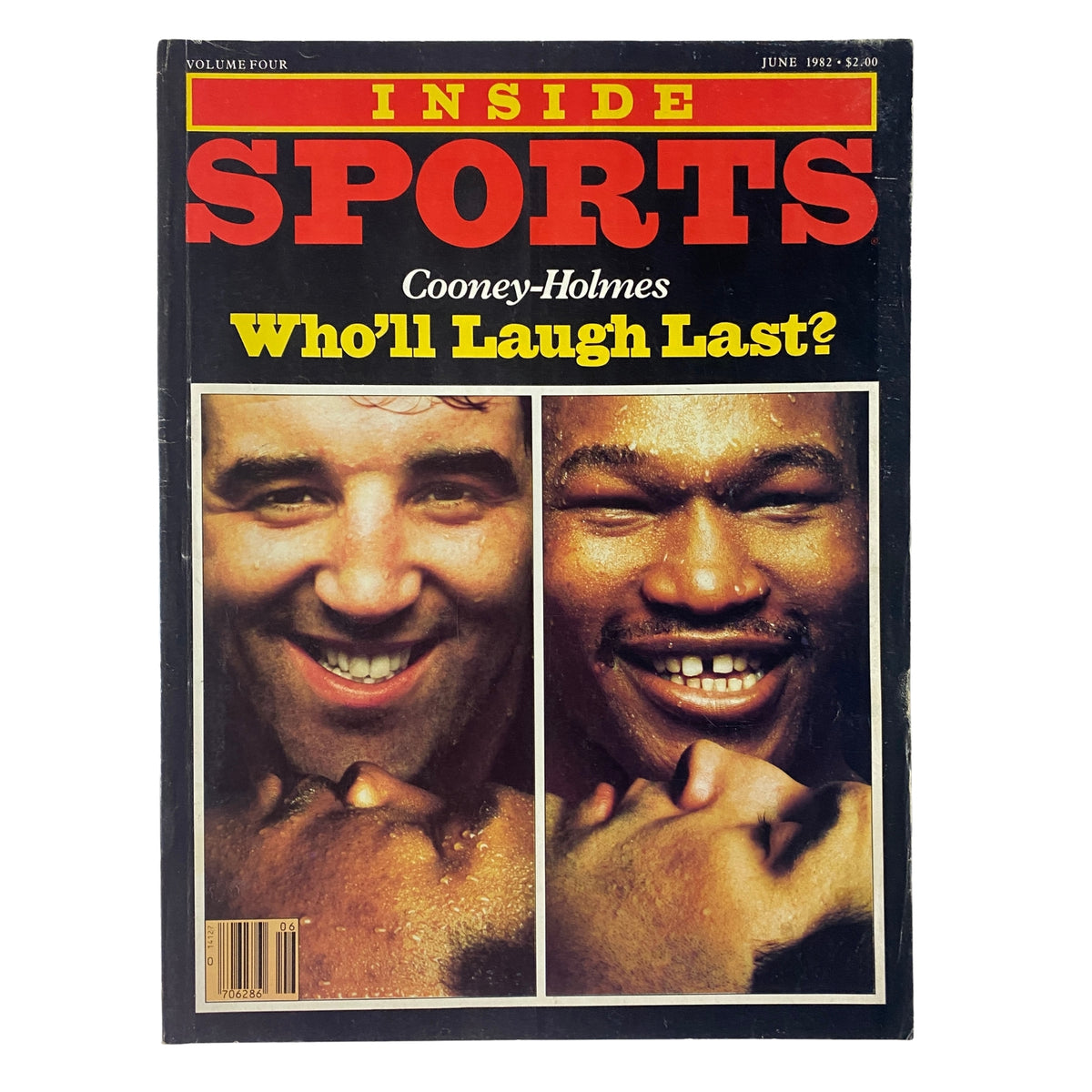 Cover of Inside Sports Magazine June 1982 featuring Larry Holmes and Gerry Cooney, depicting their contrasting personalities before the heavyweight title fight.