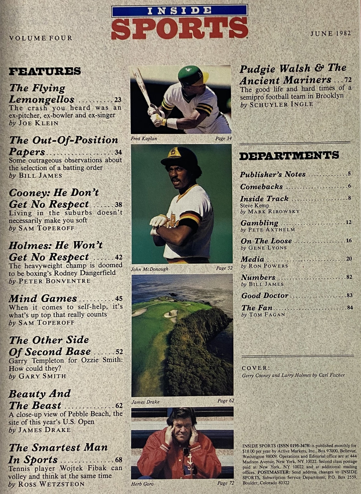Table of contents for Inside Sports Magazine June 1982, showcasing features and departments including articles on sports legends and events related to boxing, baseball, and tennis.
