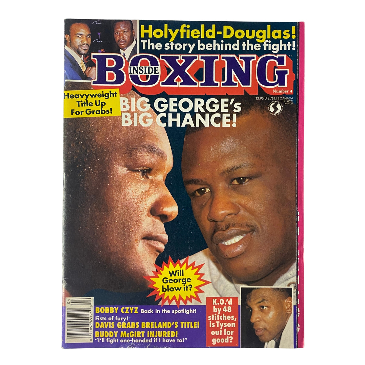Cover of Inside Boxing Magazine No. 4 featuring George Foreman and Mike Tyson, highlighting their match and notable boxing stories, appealing to boxing collectors.