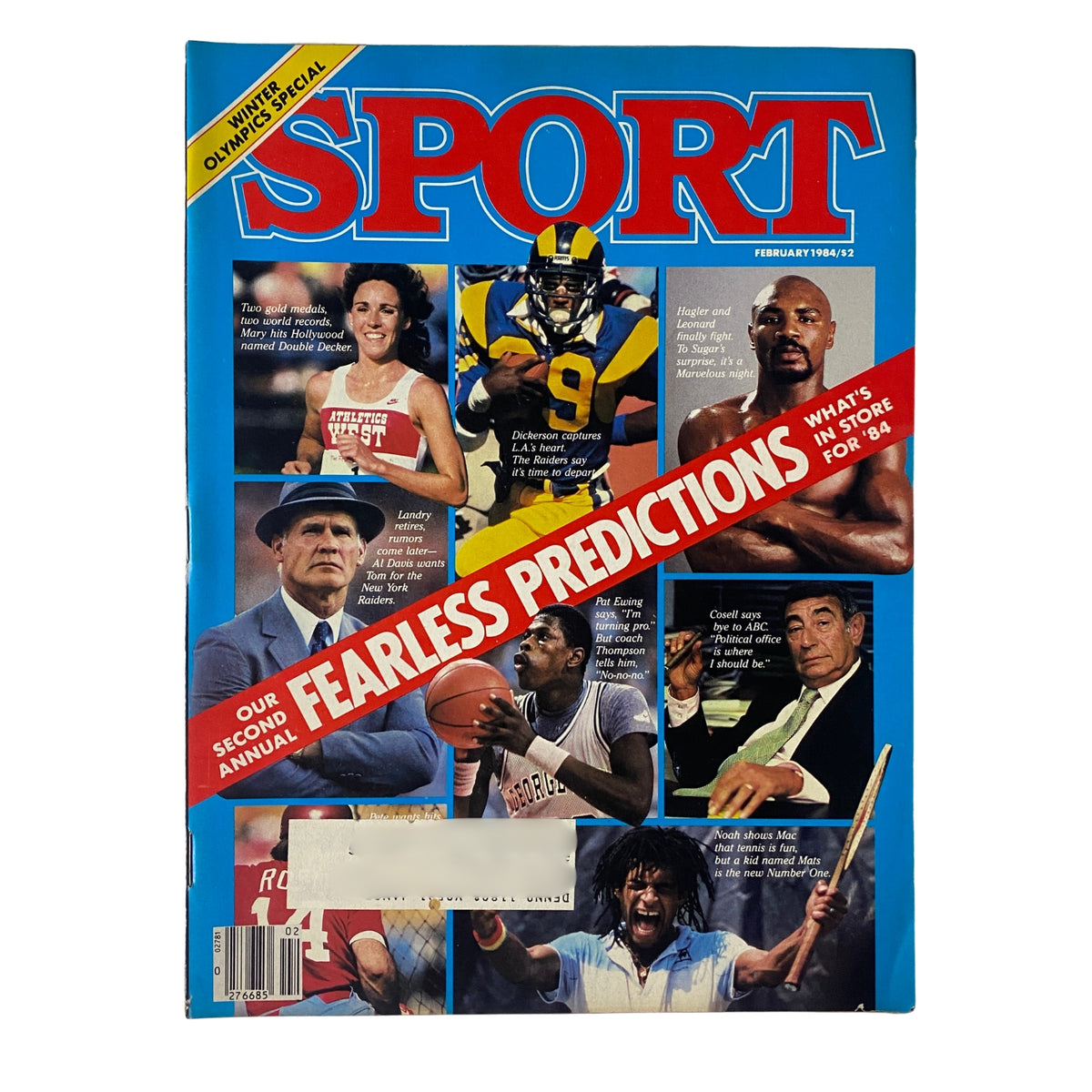 Sport Magazine February 1984 featuring Sugar Ray Leonard and Marvin Hagler on the cover, showcasing major sports stories including predictions for 1984 and highlights from the Winter Olympics.