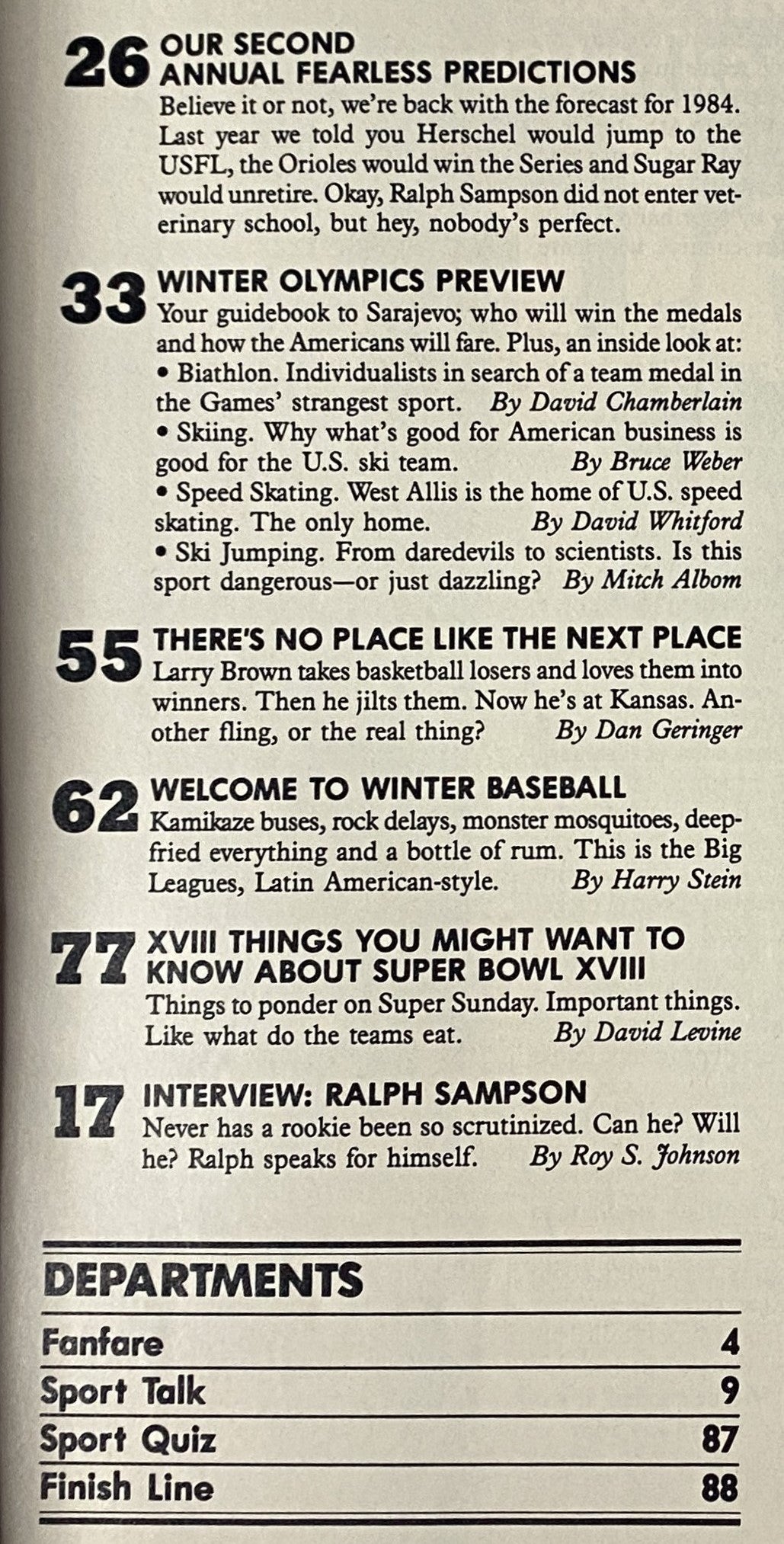 Sport Magazine February 1984 features an editorial page with articles including 'Our Second Annual Fearless Predictions' and 'Winter Olympics Preview', highlighting topics relevant to sports enthusiasts.