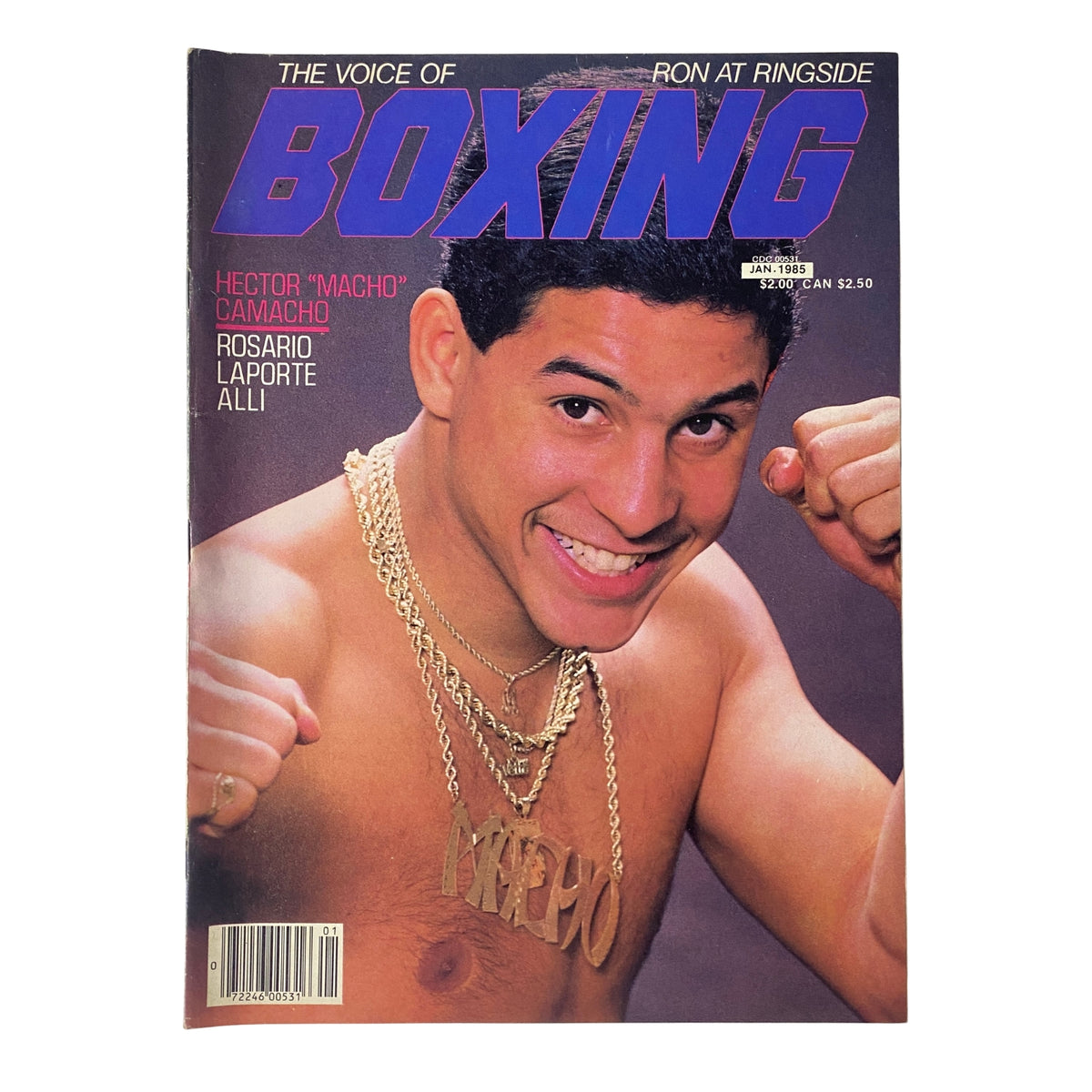 The Voice of Boxing Magazine January 1985 featuring Hector 'Macho' Camacho on the cover, showcasing the charismatic boxer with a large gold chain, reflecting the vibrant boxing culture of the 1980s.