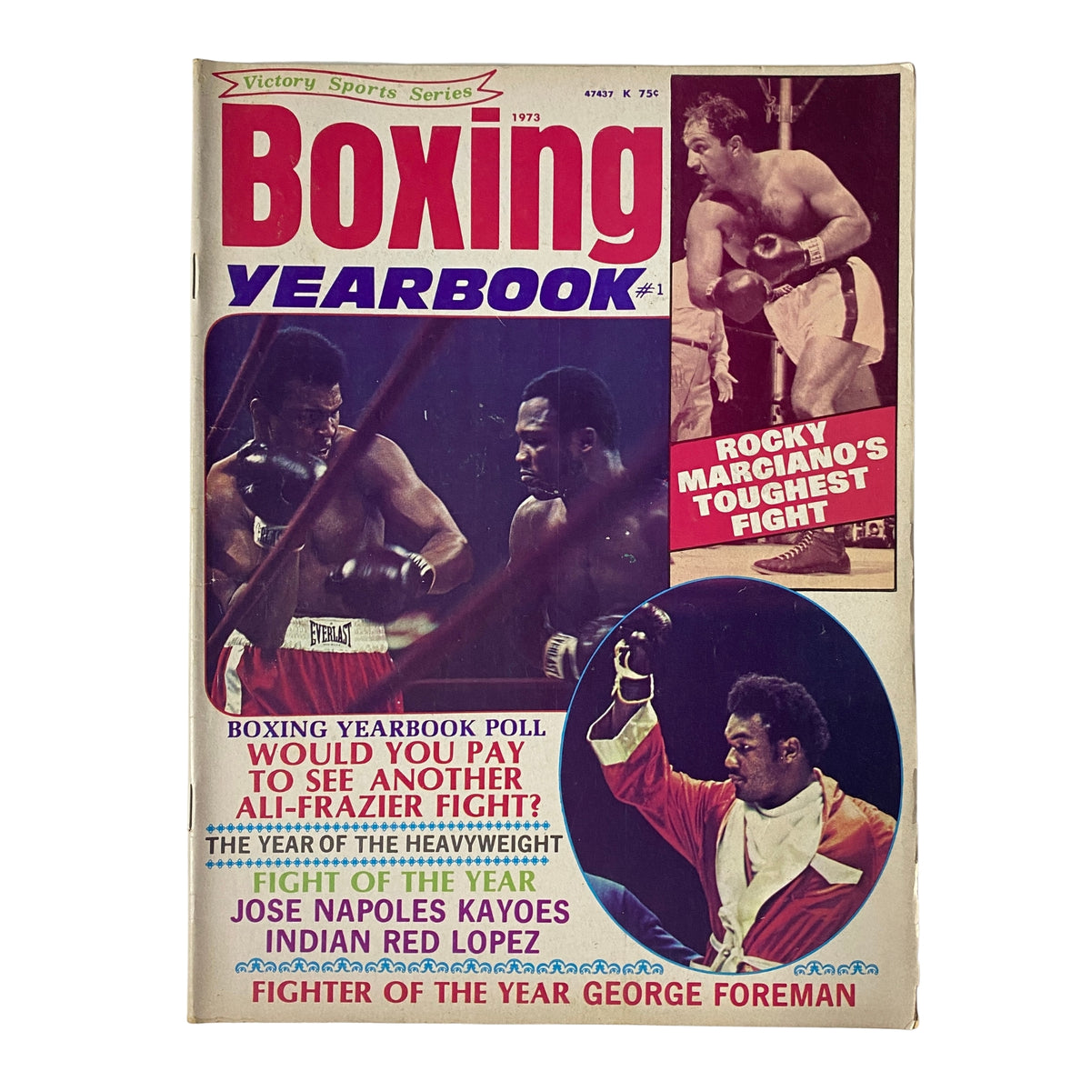 Cover of Boxing Yearbook #1 1973 featuring Rocky Marciano, Muhammad Ali, and Joe Frazier. The cover highlights major boxing events such as Rocky Marciano's toughest fight and the Fight of the Year between Jose Napoles and Indian Red Lopez.