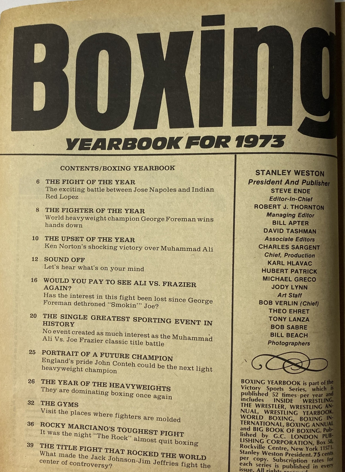 Inside page of Boxing Yearbook #1 1973 displaying the table of contents that includes notable sections like 'The Fight of the Year,' 'The Fighter of the Year,' and 'The Single Greatest Sporting Event in History' featuring legendary boxers.
