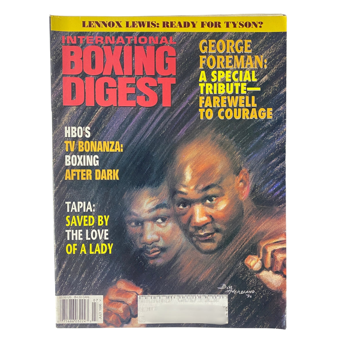 Cover of International Boxing Digest Magazine July 1996 featuring a special tribute to George Foreman, showcasing the prominent boxers Lennox Lewis and Johnny Tapia.