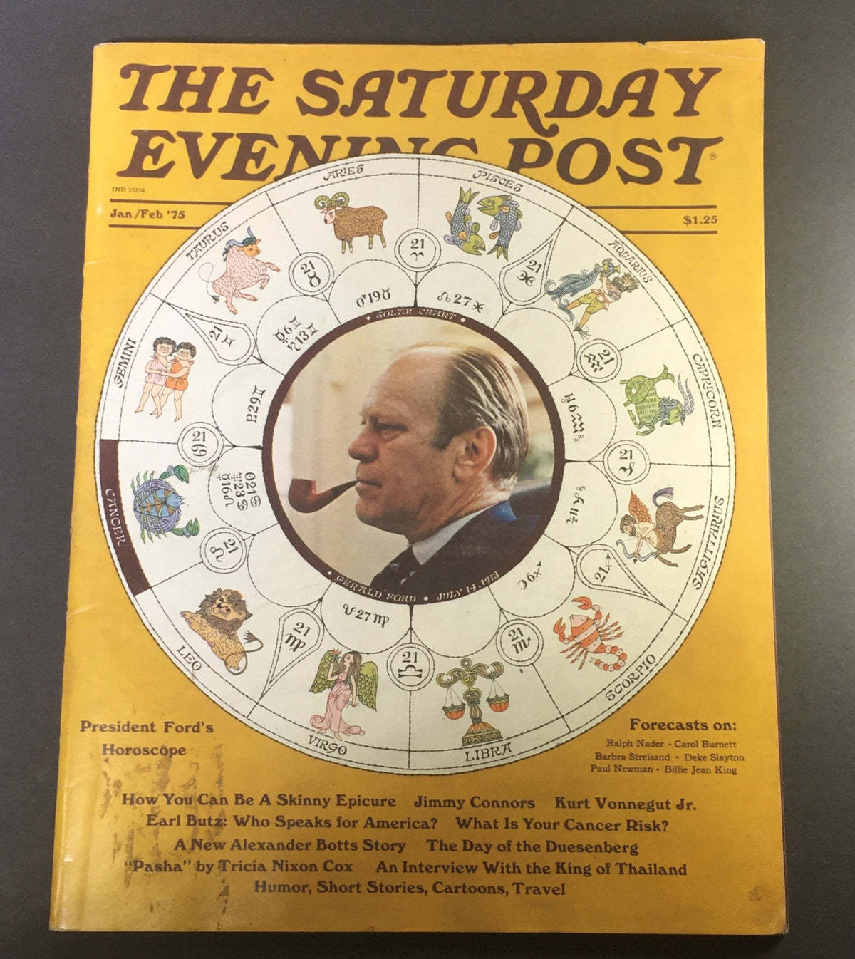 VTG The Saturday Evening Post January-February 1975 cover featuring Gerald Ford's horoscope, with illustrations of astrological signs and vibrant yellow background, priced at $1.25.