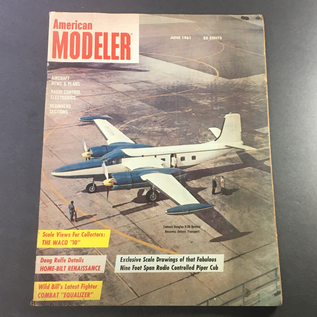 VTG American Modeler June 1961 magazine cover featuring the Famous Douglas B-26 Bomber, which has been transformed into a transport aircraft, showcasing aviation history and innovation.