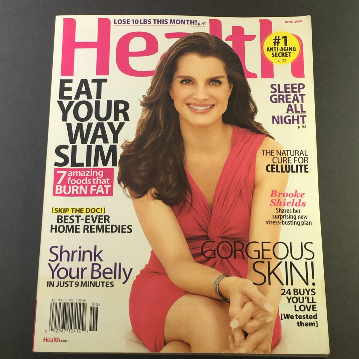Cover of Health Magazine June 2009 featuring Brooke Shields, highlighting tips on fitness and wellness, including 'Shrink Your Belly In Just 9 Minutes'.