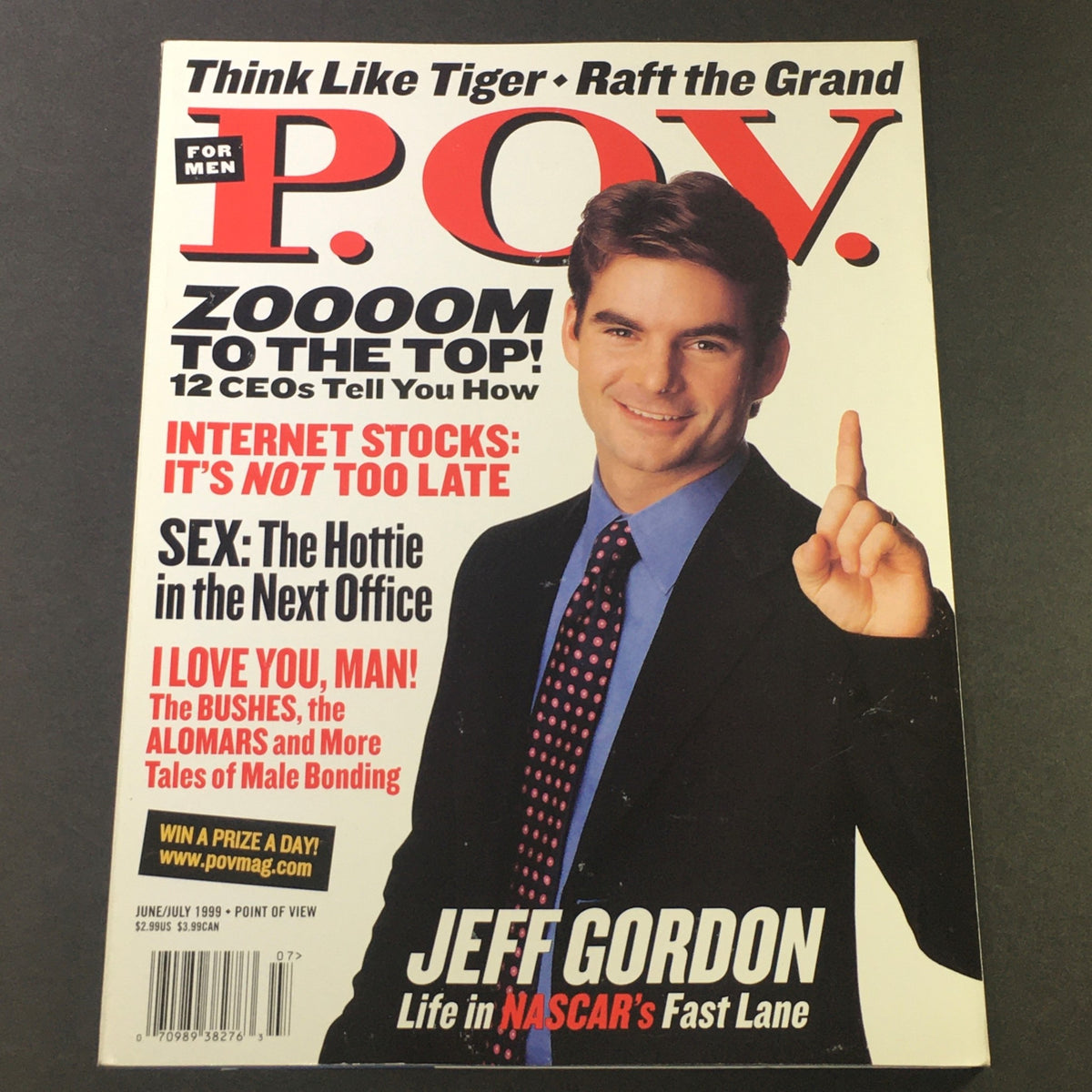 POV For Men Magazine cover featuring Jeff Gordon, highlighting 'Life in NASCAR's Fast Lane' from June/July 1999, with additional articles and features.