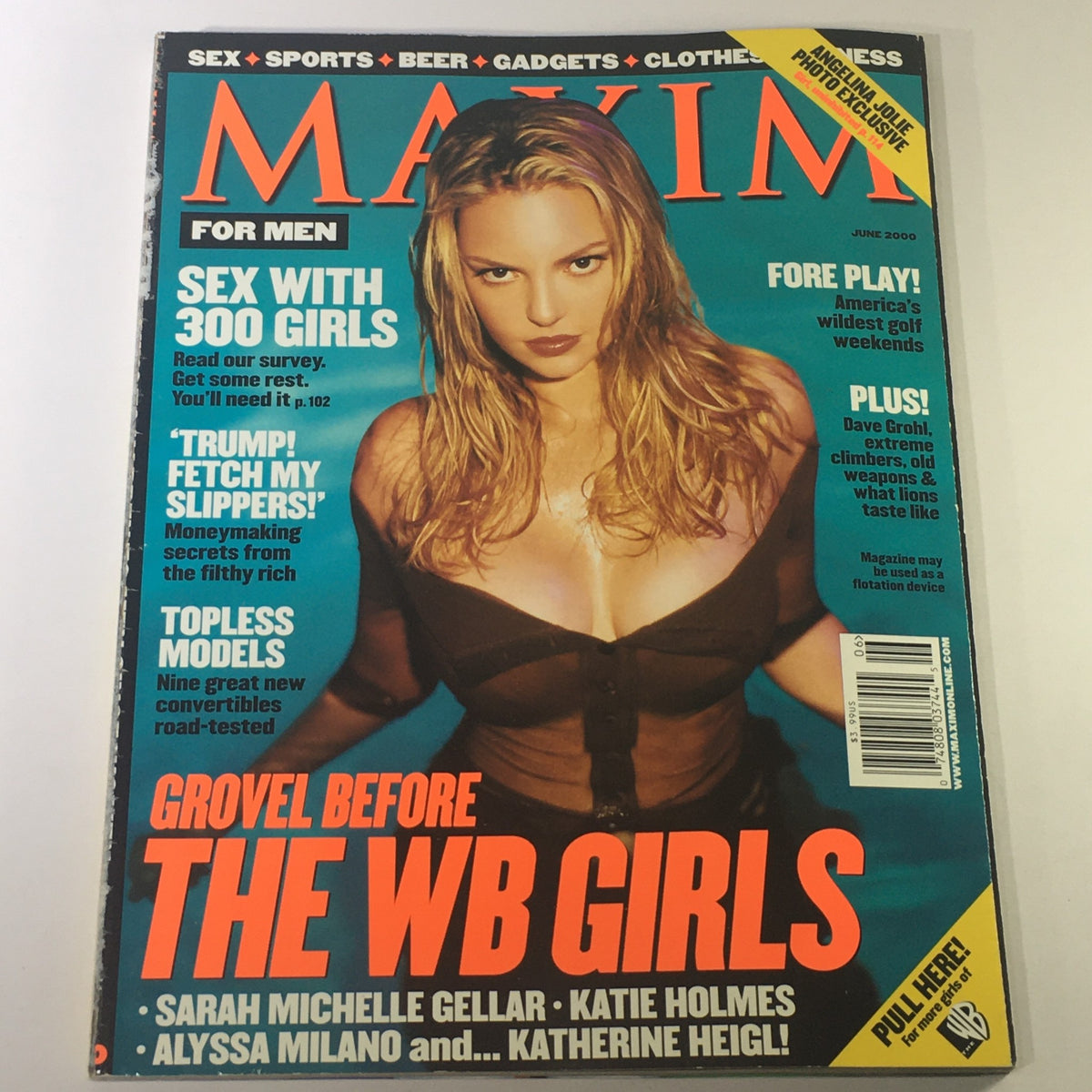 Maxim Magazine June 2000 cover featuring Sarah Michelle Gellar, Angelina Jolie, and Katie Holmes, with bold text highlighting features like 'Sex with 300 Girls' and 'GROVEL BEFORE THE WB GIRLS.' The magazine showcases entertainment content and popular culture.