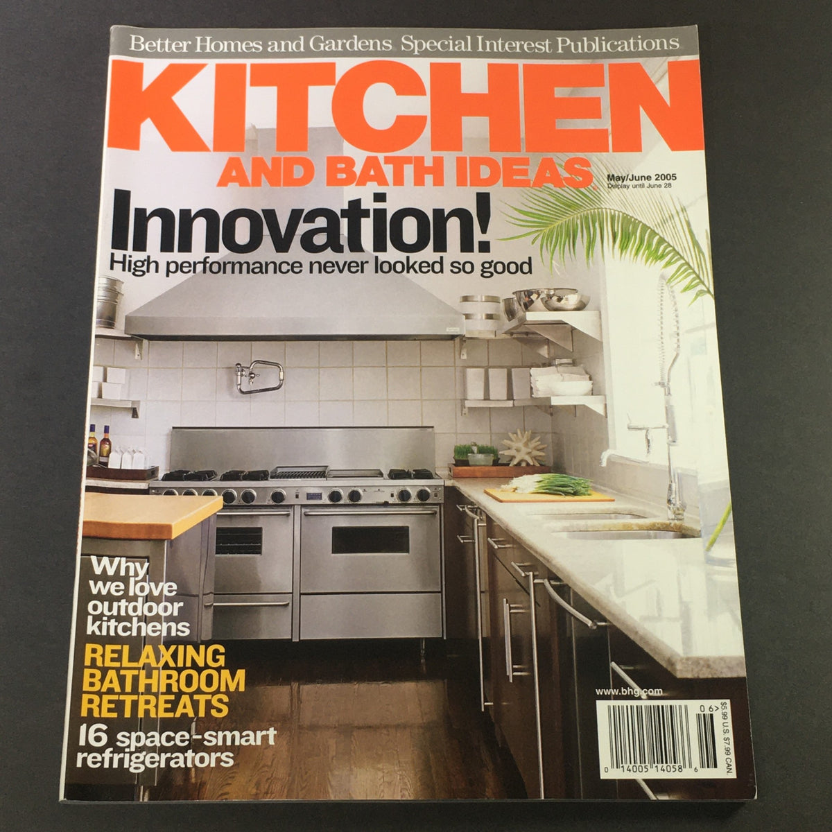Cover of Kitchen & Bath Ideas Catalog for May June 2005 featuring the title 'Innovation! High performance never looked so good'. The cover showcases a modern kitchen design and highlights relaxing bathroom retreats.