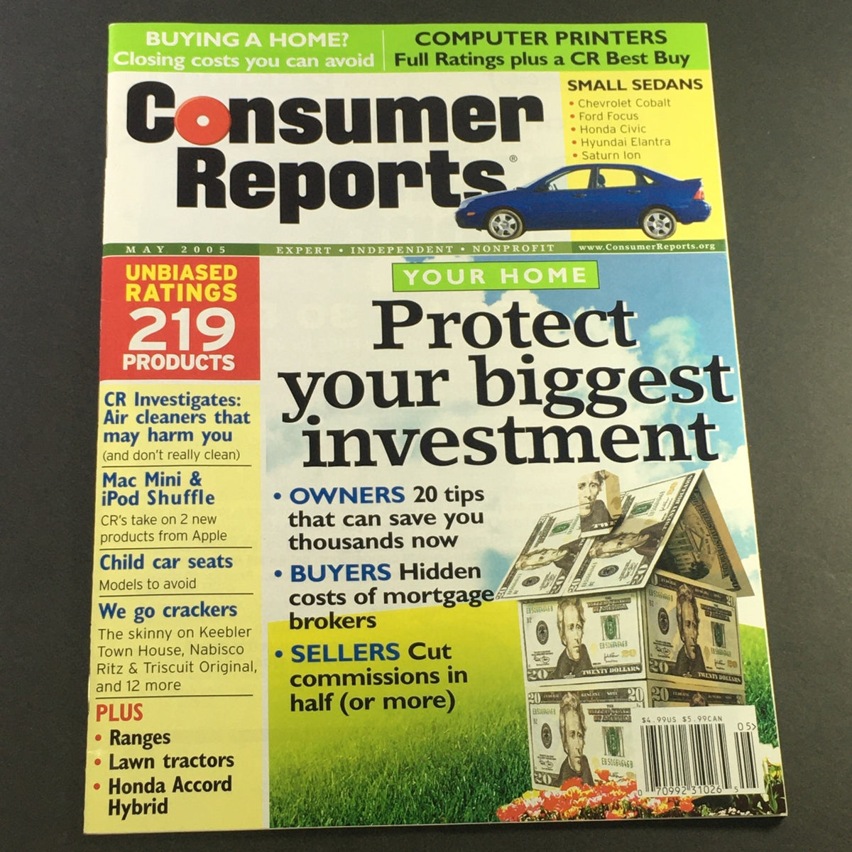 Cover of Consumer Reports Magazine May 2005 featuring articles on buying a home, small sedans, and computer printers, emphasizing home investment tips and mortgage costs.