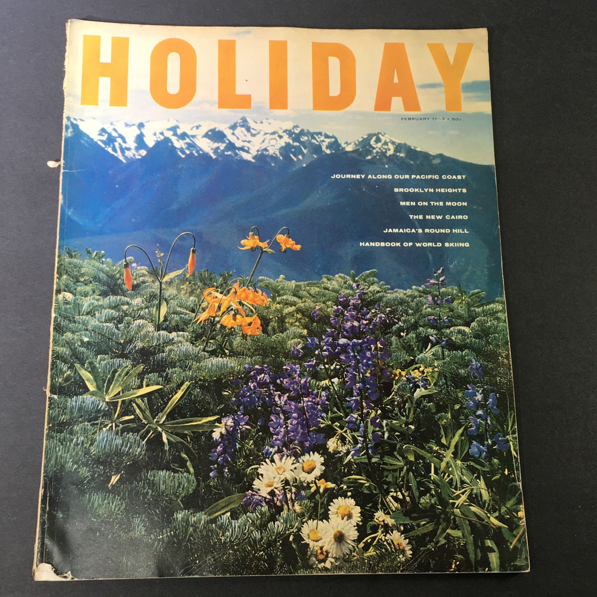 Cover image of VTG Holiday Magazine February 1959, featuring vibrant flowers and snow-capped mountains with the title 'HOLIDAY' prominently displayed.