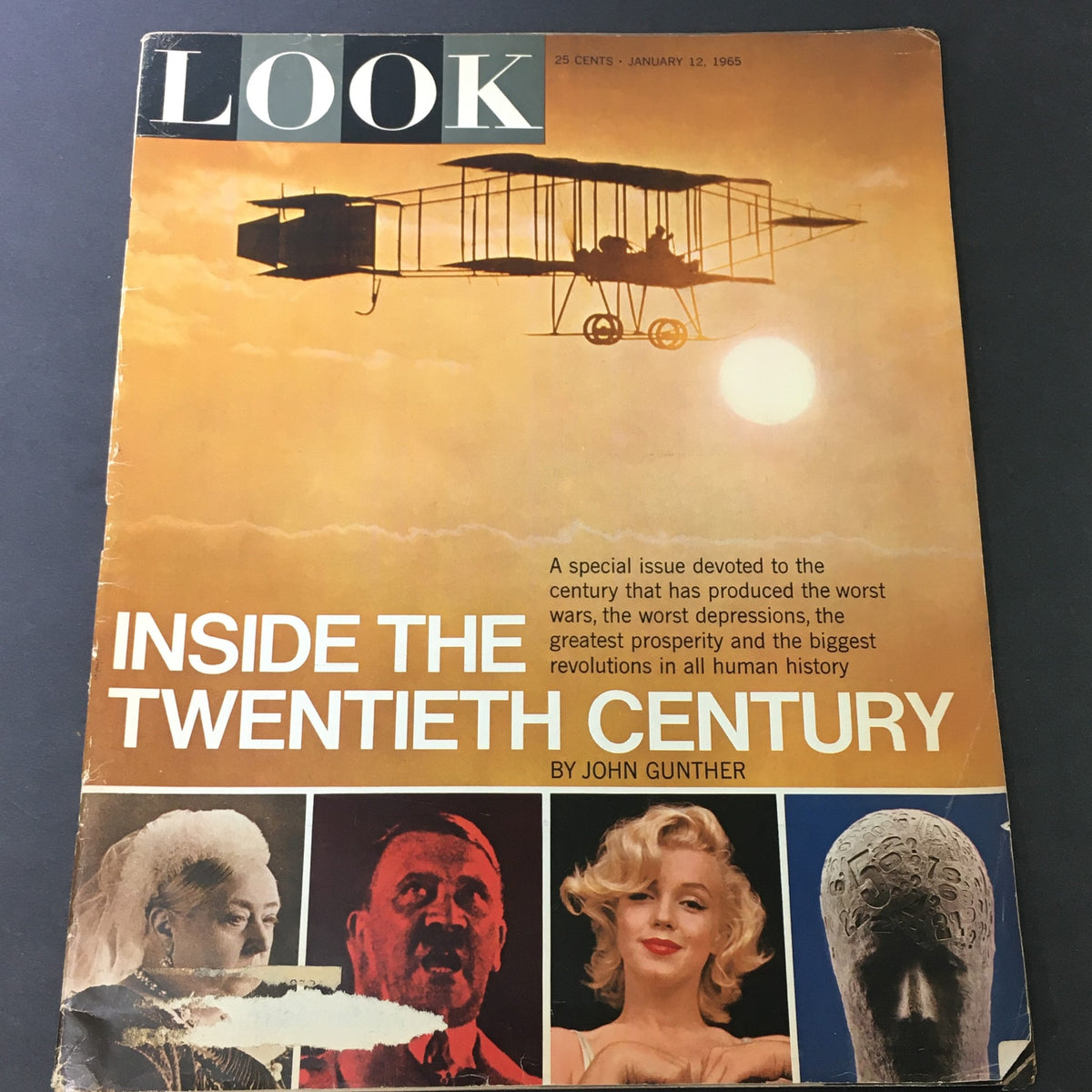 Cover of VTG Look Magazine January 12, 1965 featuring a vintage aircraft flying against a sunset, showcasing the theme 'Inside the Twentieth Century' by John Gunther.