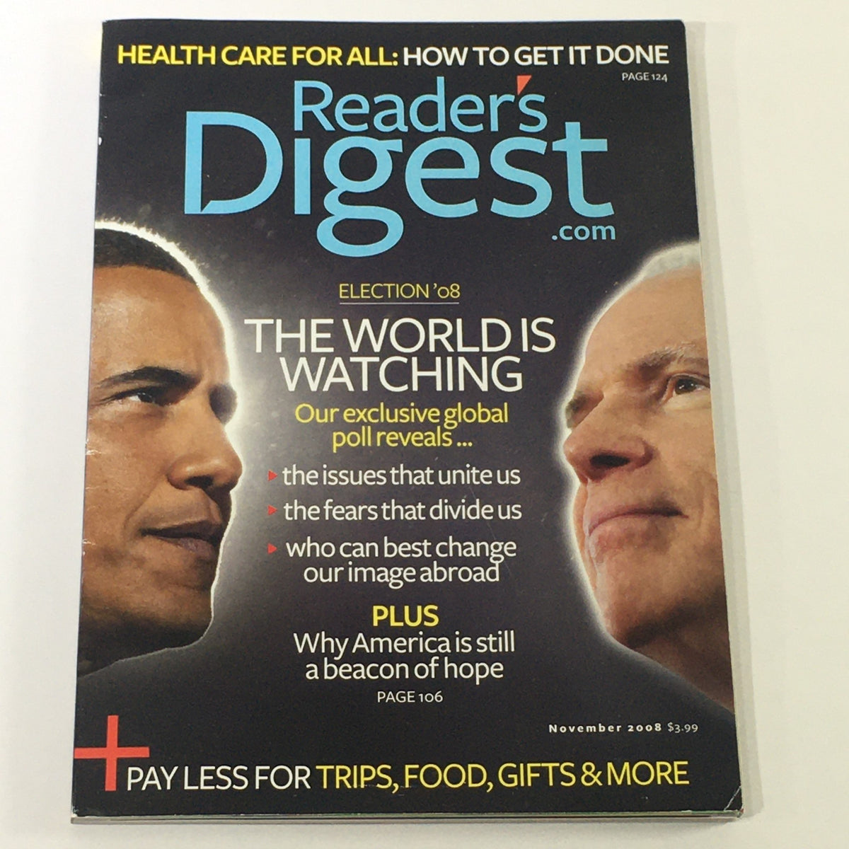Cover of Reader's Digest Magazine November 2008 featuring Barack Obama and John McCain with the title "The World is Watching" discussing the 2008 presidential election.