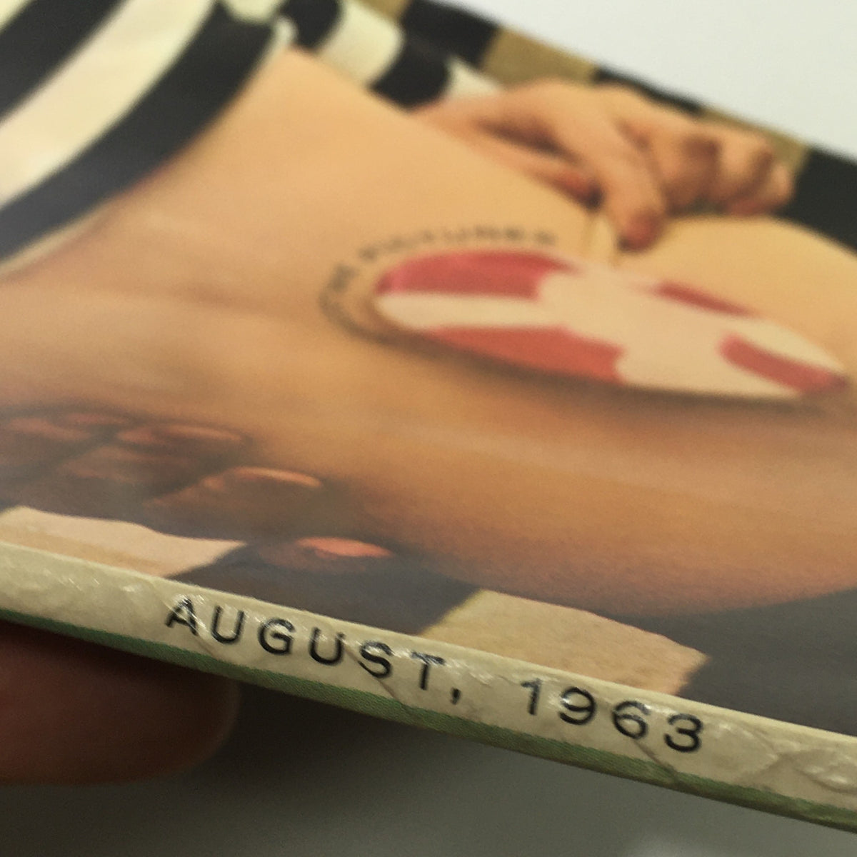 Side view of Popular Photography Magazine August 1963 showing the publication date, highlighting its historical value related to small cameras and photography trends.