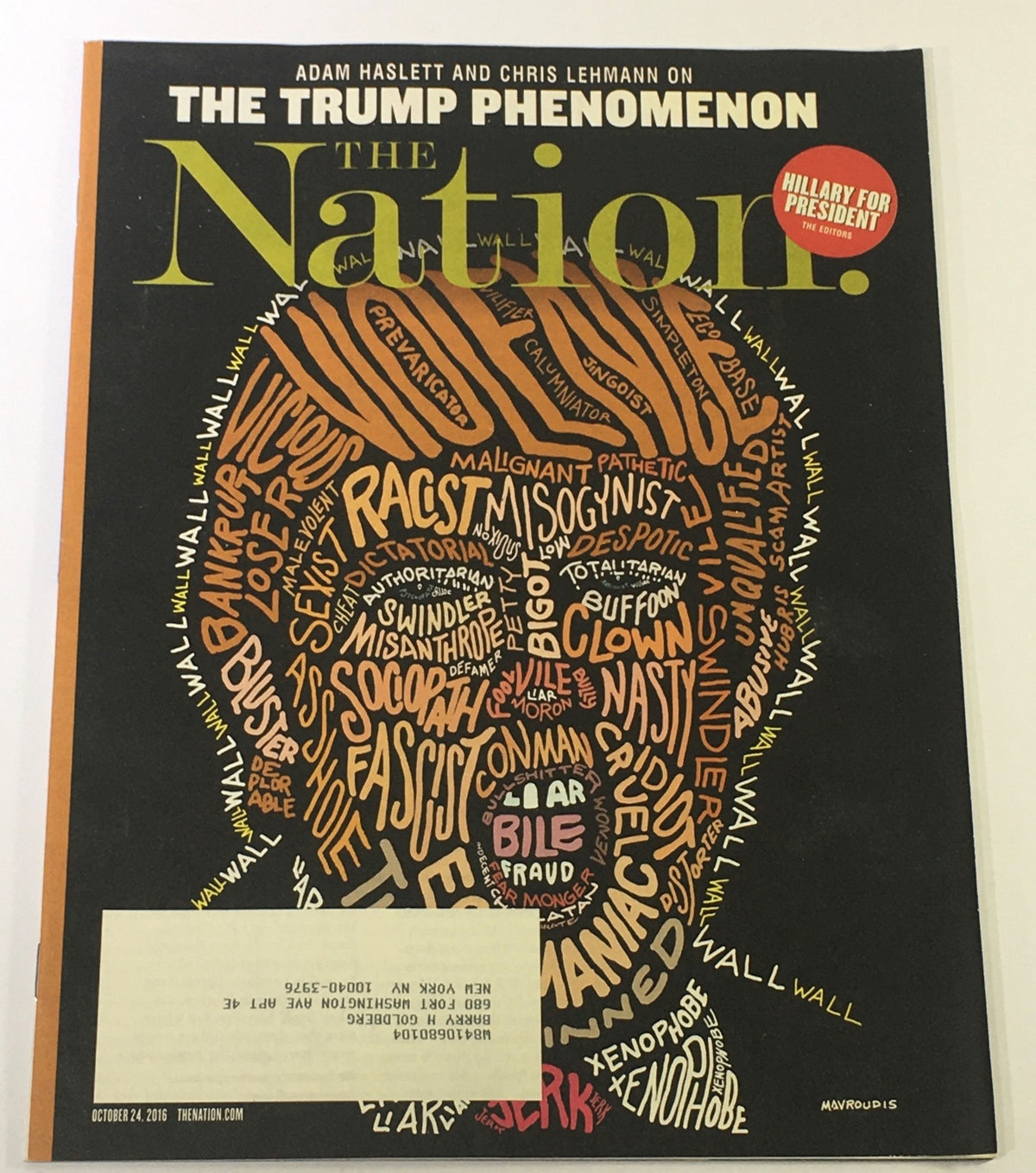 Cover of The Nation Magazine dated October 24, 2016, featuring the title 'The Donald Trump Phenomenon by Adam H.' with an artistic representation of the word 'Trump' alongside various descriptive words reflecting political themes.