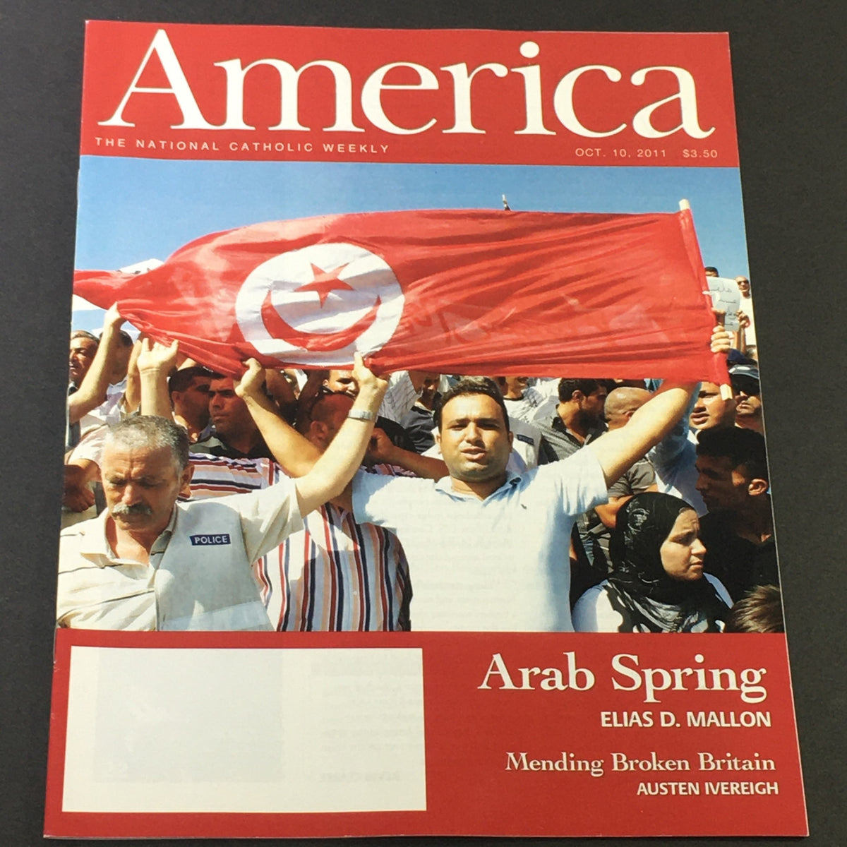 Cover of America: The National Catholic Weekly, October 10, 2011, featuring the Arab Spring by Elias D. Mallon. This edition captures historical insights on Middle Eastern revolutionary movements.