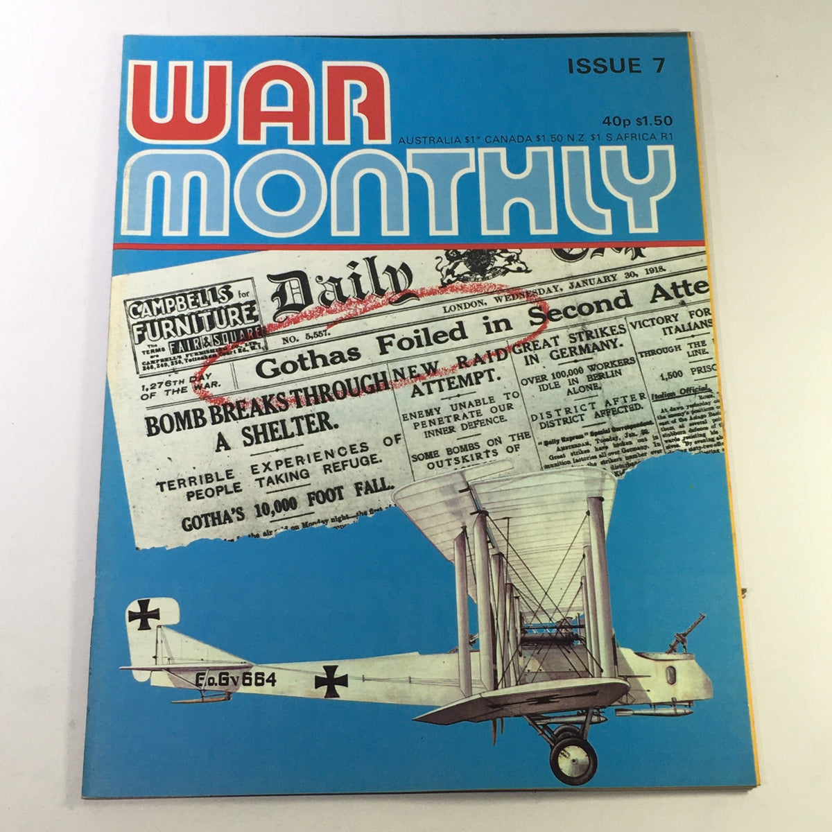 War Monthly Magazine Issue 7 October 1974 featuring historical content on the Gotha offensive and Meuse-Argonne Offensive, with an aviation-themed cover design.