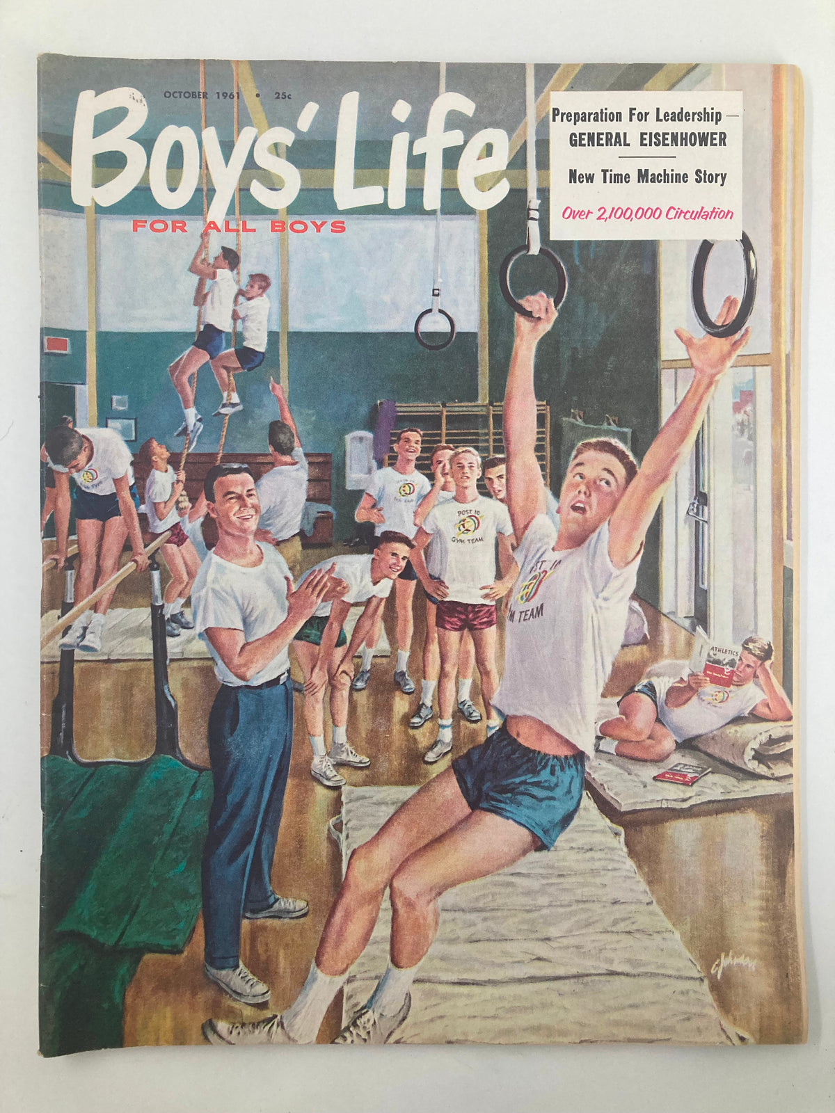 Cover of Boys' Life Magazine, October 1961, featuring the theme 'Preparation for Leadership' with an image depicting boys engaging in physical activities. Highlights General Eisenhower's influence. Collectible vintage issue.