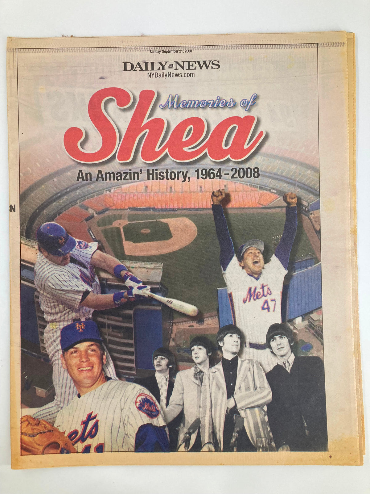 Cover of Daily News Newspaper September 21 2008 featuring the Memories of Shea, showcasing key moments and players from Shea Stadium's history, 1964-2008.