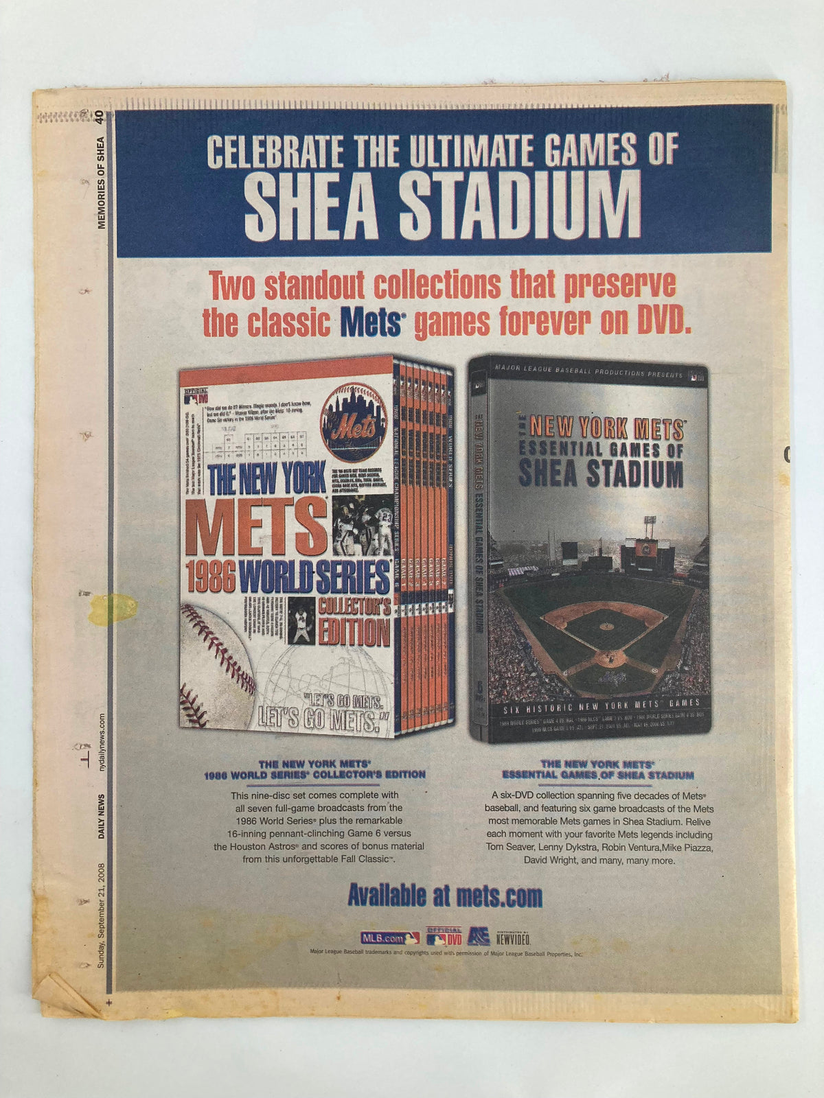 Back cover of Daily News Newspaper September 21 2008 promoting DVD collections of classic Mets games from Shea Stadium.