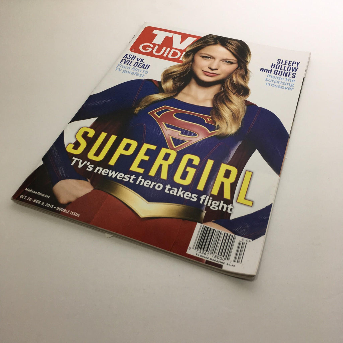 Angle view of TV Guide Oct 26-Nov 8 2015 Double Issue with Supergirl cover featuring Melissa Benoist.