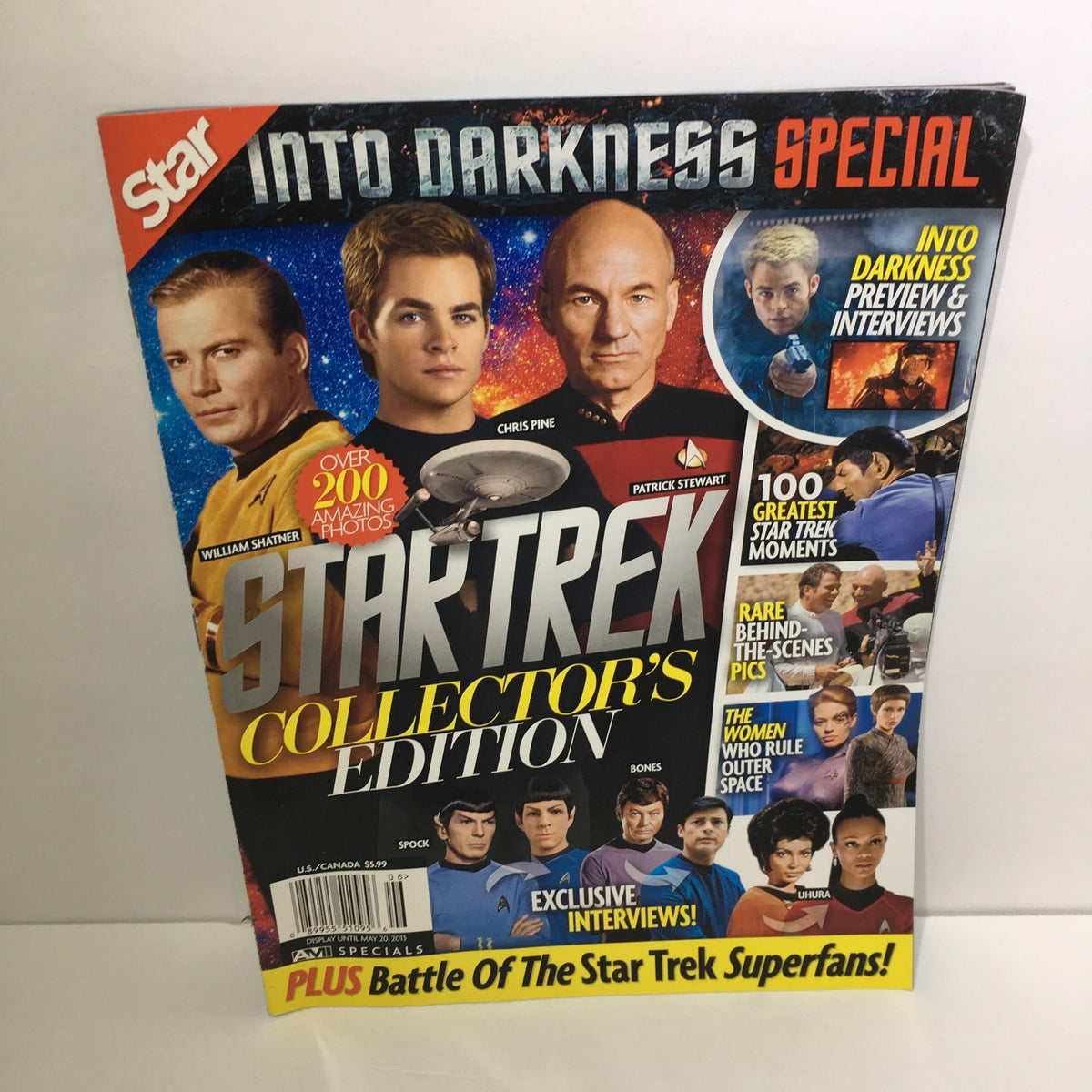 Cover of TV Guide May 20 2013 Star Trek featuring William Shatner, Chris Pine, and Patrick Stewart, showcasing the Collector's Edition with vibrant space background.