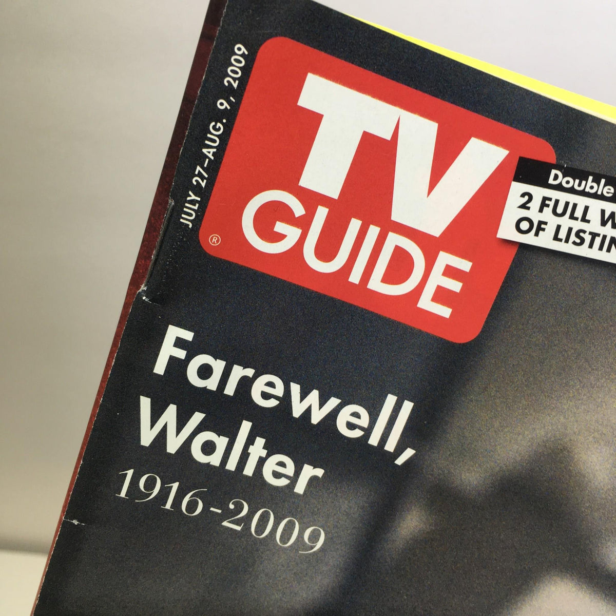 Close-up view of the TV Guide title highlighting 'Farewell Walter Cronkite 1916-2009', July 27-Aug 9, 2009 edition.