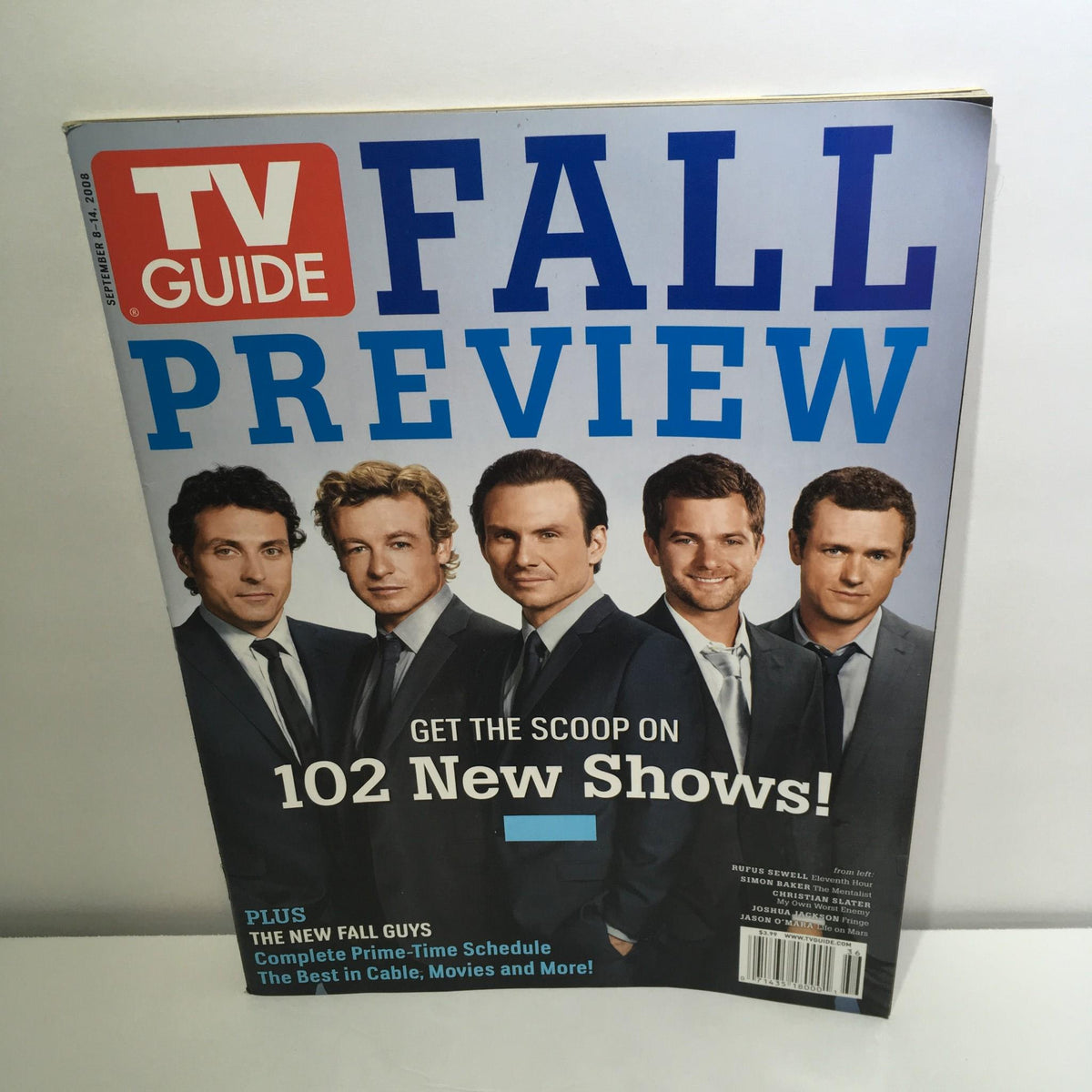 Vintage TV Guide Fall Preview magazine from September 8-14, 2008, featuring popular stars and shows of the time, showcasing the magazine cover with five well-dressed men and the title 'FALL PREVIEW'.