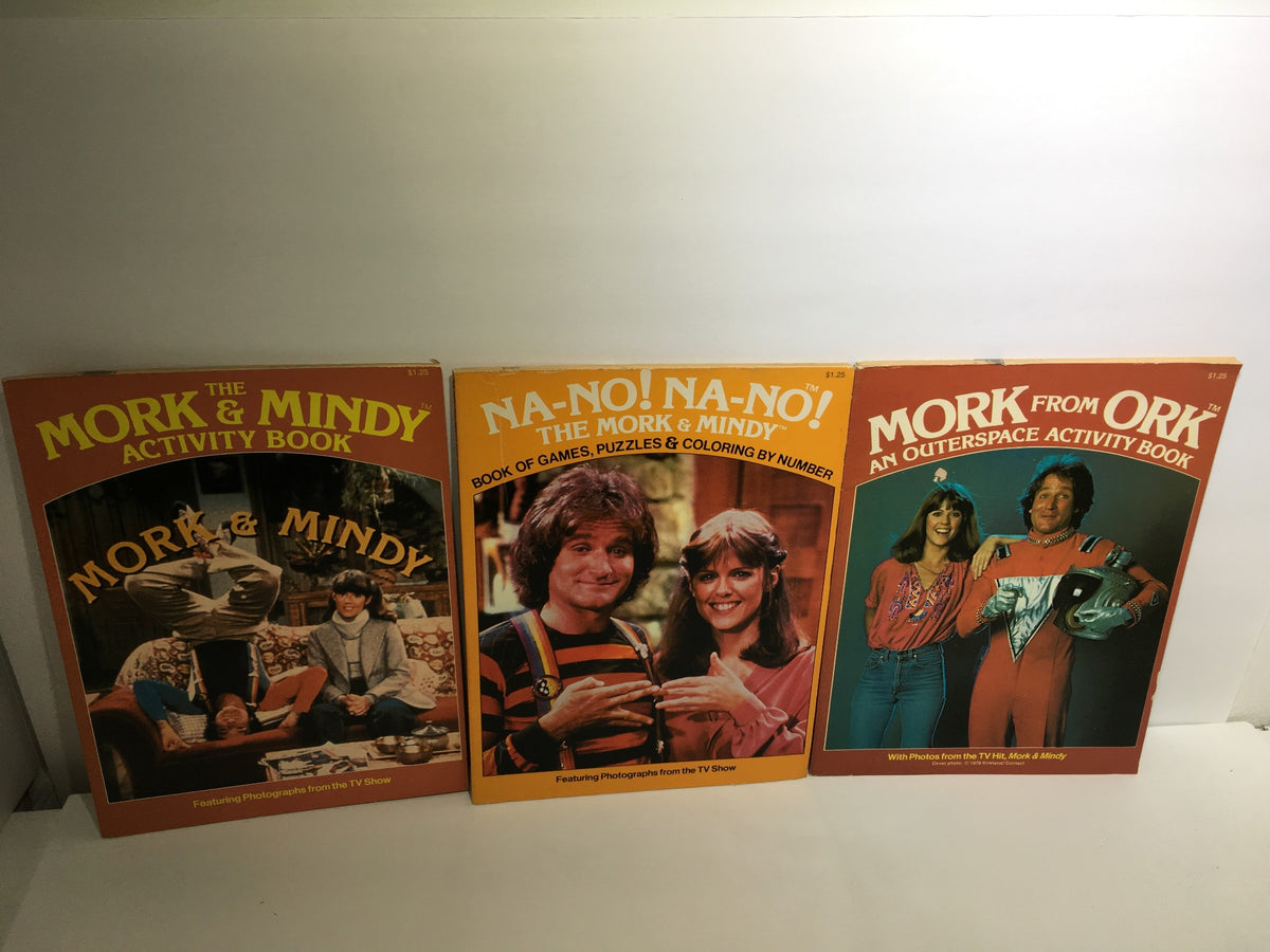Lot of 3 The Mork & Mindy Activity Book and Magazine, showcasing three distinct covers featuring characters from the TV show.