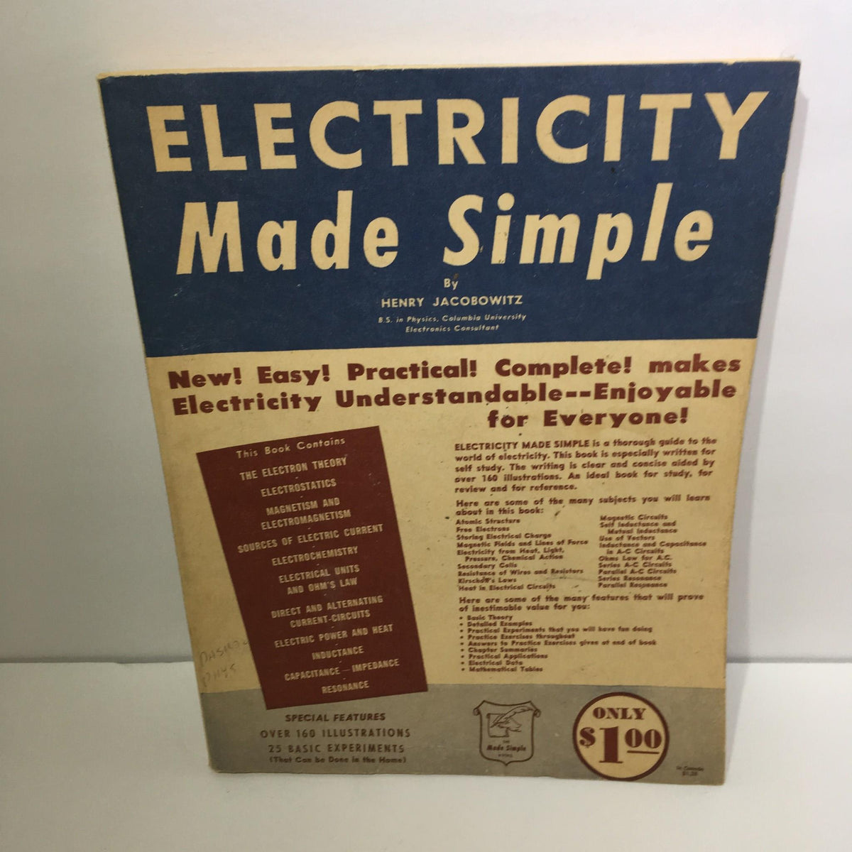 Cover of the 1959 Electricity Made Simple Magazine by Henry Jacobowitz, showcasing a bold design with text emphasizing easy understanding of electricity.