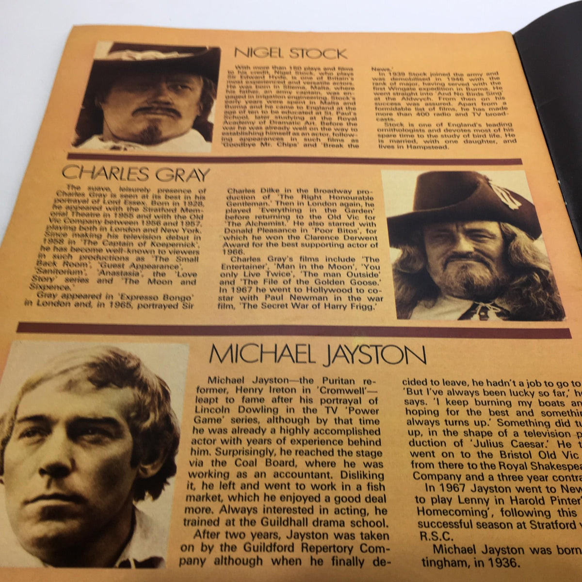 Page from Cromwell Magazine by Dr. Maurice Ashley featuring portraits and descriptions of actors Nigel Stock, Charles Gray, and Michael Jayston, highlighting historical figures connected to the magazine's themes.