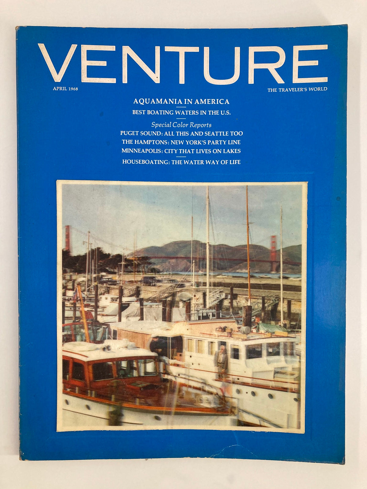 Cover of VTG Venture Magazine April 1968 featuring houseboating and boating lifestyle, showcasing a marina scene with boats and a blue background.