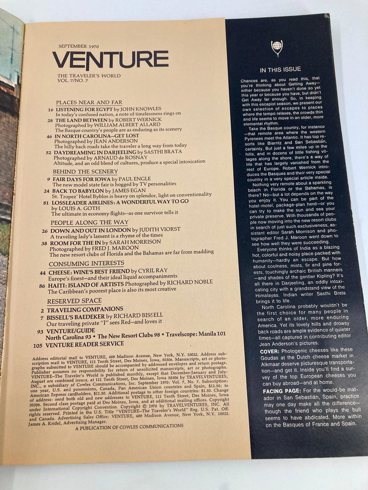 Inside page of VTG Venture Magazine September 1970 showcasing the table of contents and various articles, highlighting the cultural and culinary focus of the issue on Europe's best cheeses.
