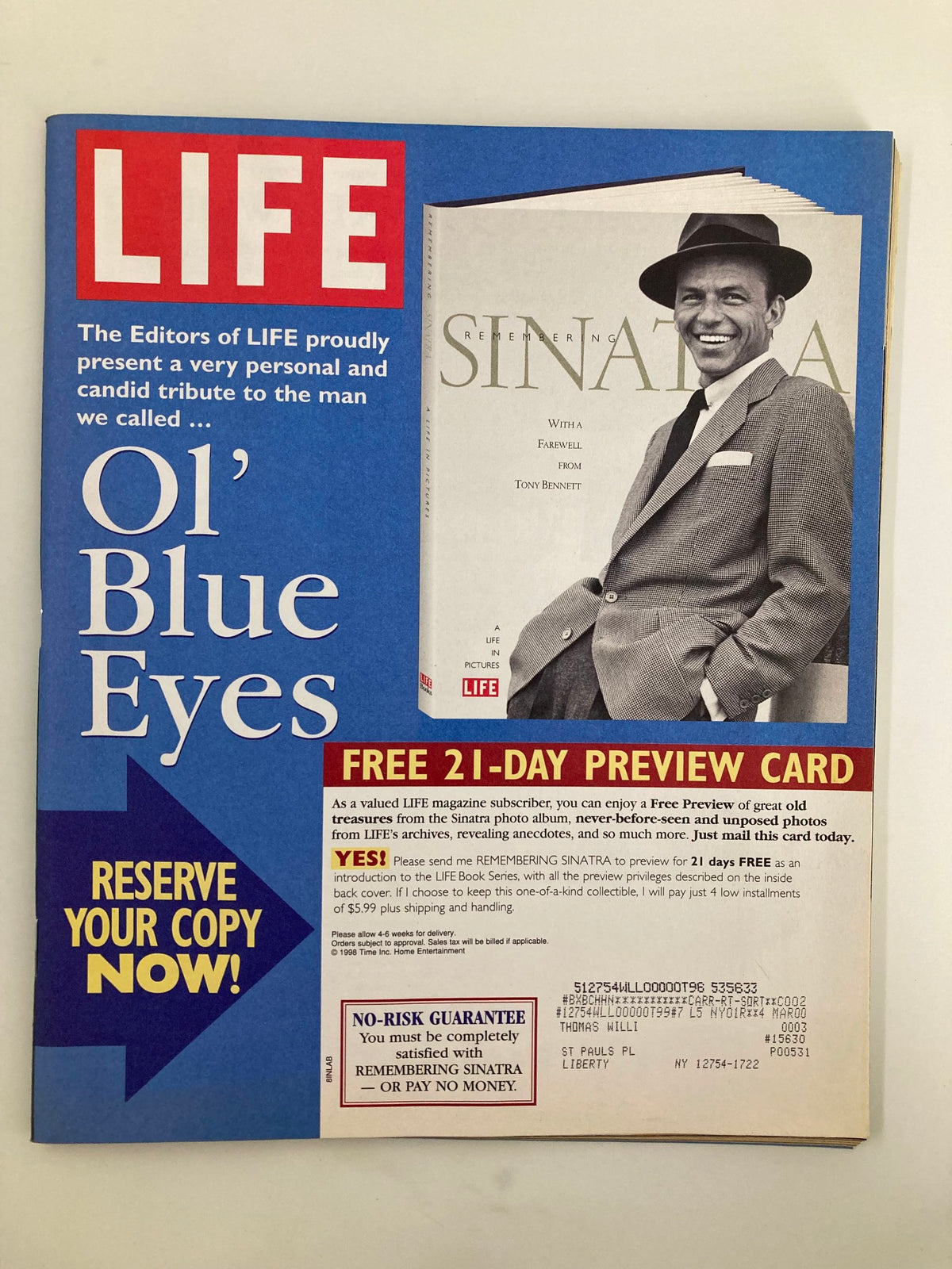 Life Magazine advertisement page featuring a tribute to Frank Sinatra titled 'Ol' Blue Eyes'. The back cover promotes a free preview card for remembering Sinatra, highlighting the nostalgic connection to classic music.