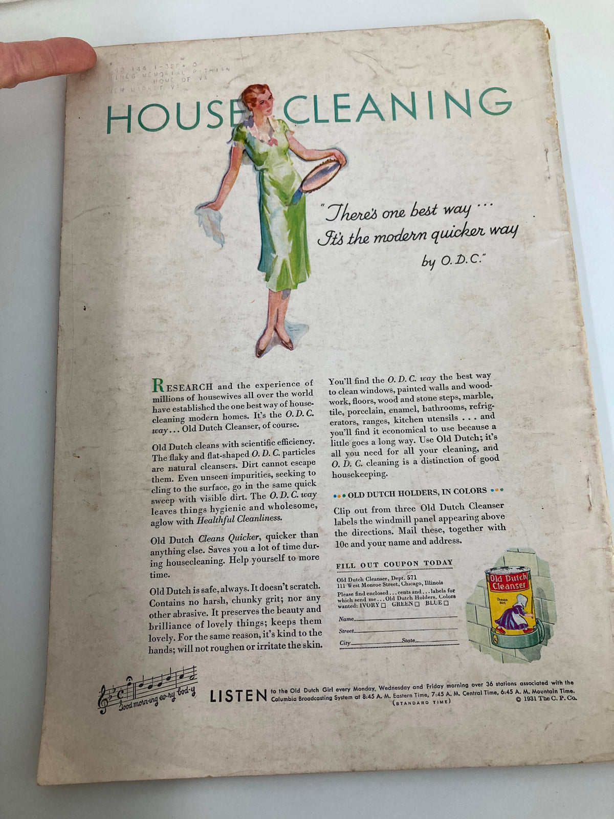Back cover of VTG Better Homes & Gardens Magazine October 1931, displaying an advertisement for O.D.C. house cleaning products.