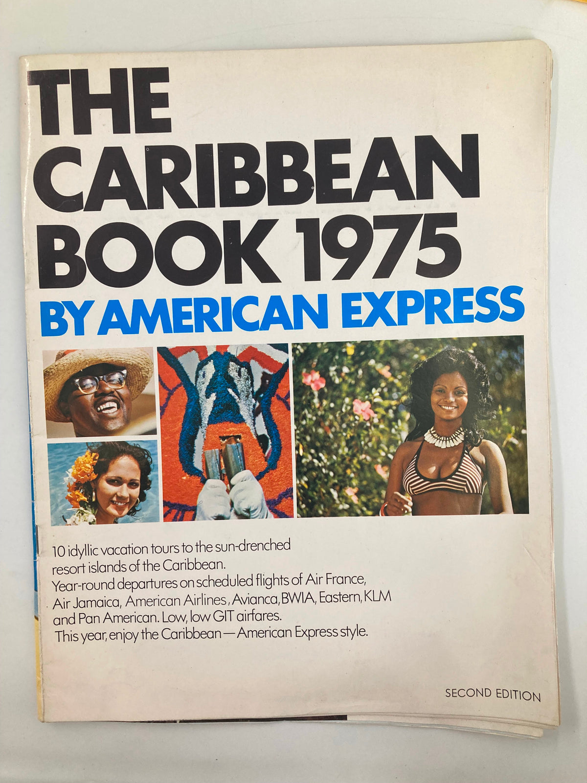Cover of The Caribbean Book 1975 by American Express, featuring vibrant images of Caribbean destinations and a person enjoying the beach.