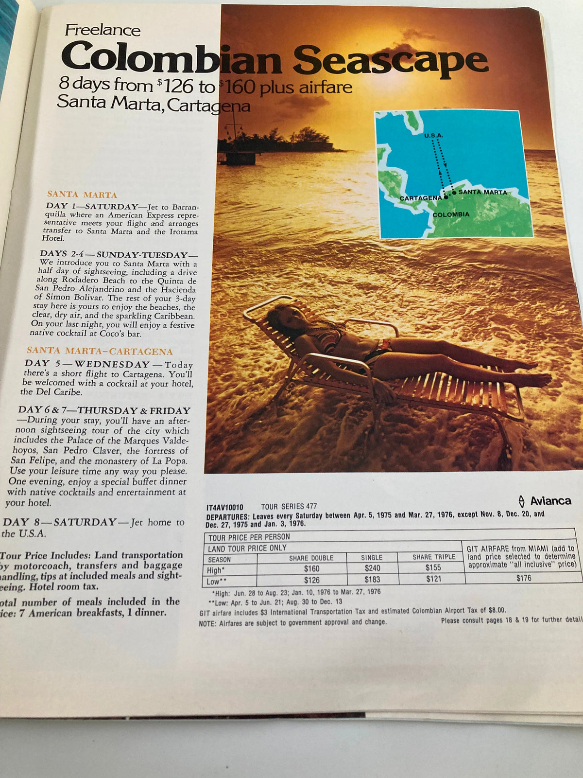 Colombian Seascape page from The Caribbean Book 1975 by American Express, showcasing a travel itinerary for Santa Marta and Cartagena.