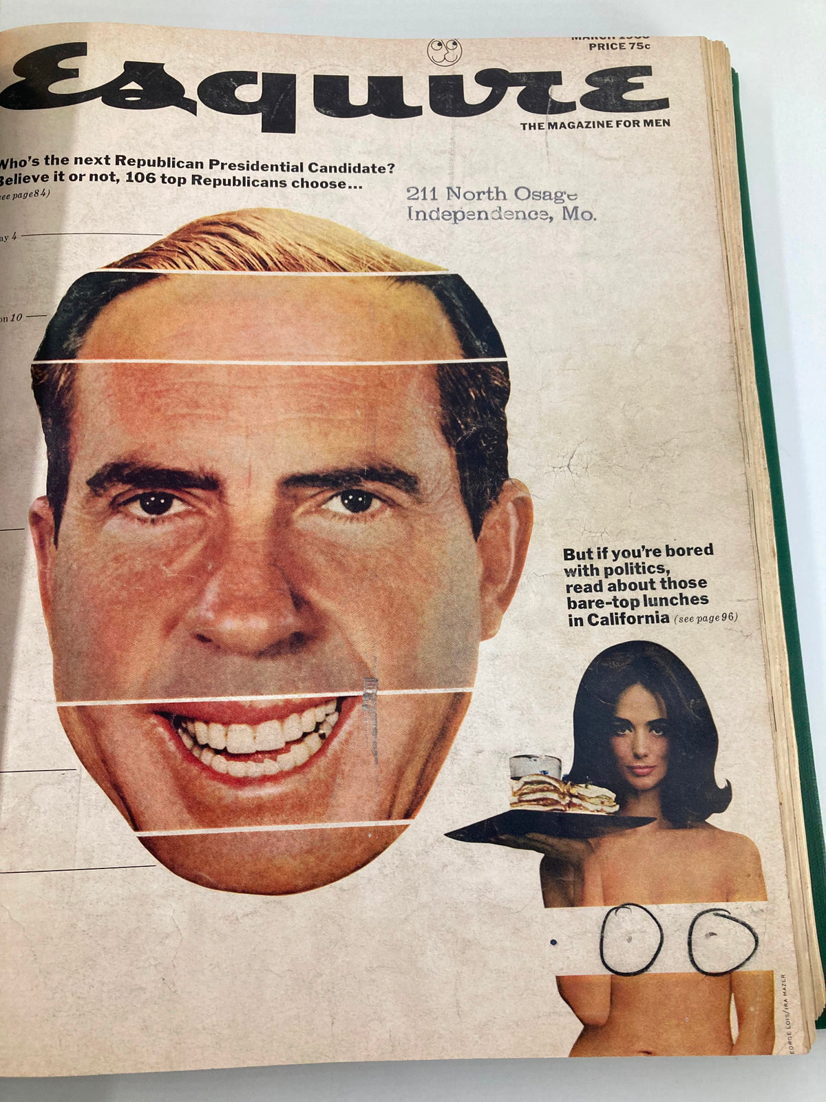 Cover of VTG Esquire Magazine January - June 1966 featuring a political theme with an illustration of a smiling man and a woman holding food.