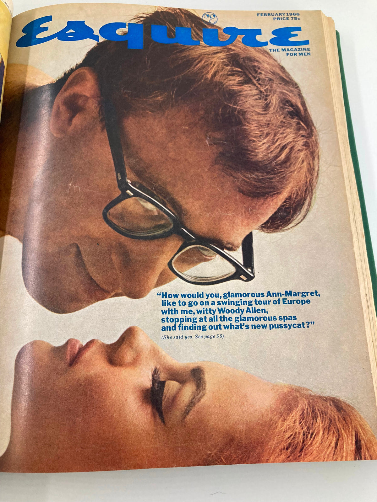 Cover of VTG Esquire Magazine January - June 1966 showcasing an intimate moment between two faces, highlighting film star Ann-Margret and Woody Allen.