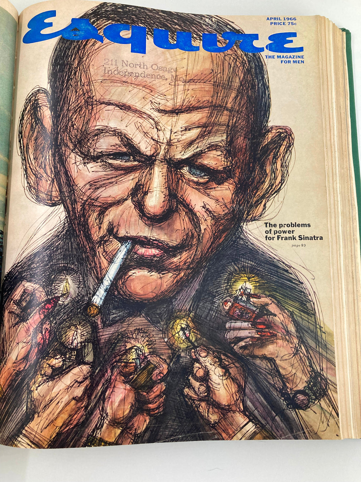 Cover of VTG Esquire Magazine January - June 1966 featuring an artistic sketch of Frank Sinatra surrounded by hands holding lighters.
