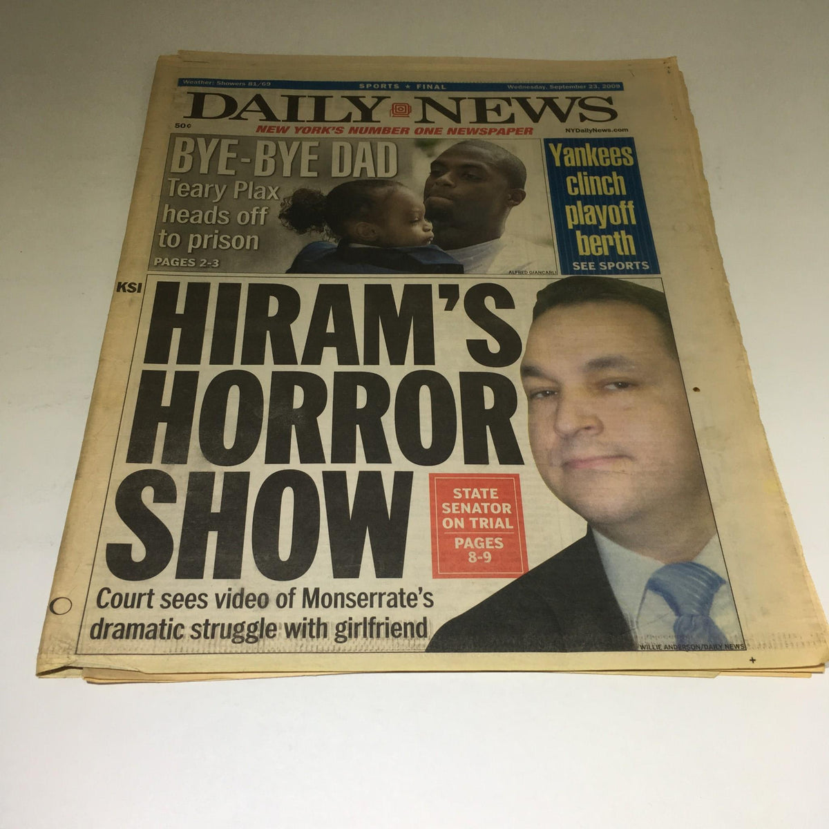NY Daily News September 23, 2009 cover featuring the headline 'Hiram's Horror Show' with a report on a court case involving Monserrate's dramatic struggle.