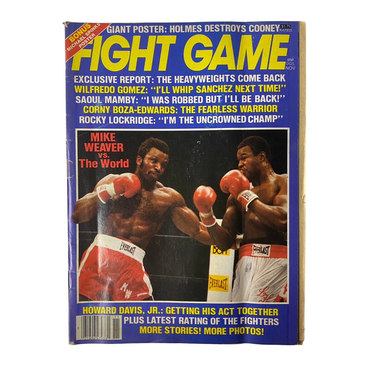 Cover of Fight Game Magazine November 1982, Vol 2 No 4 featuring Mike Weaver vs The World. The cover highlights the heavyweight boxing scene with images and articles on notable fighters.