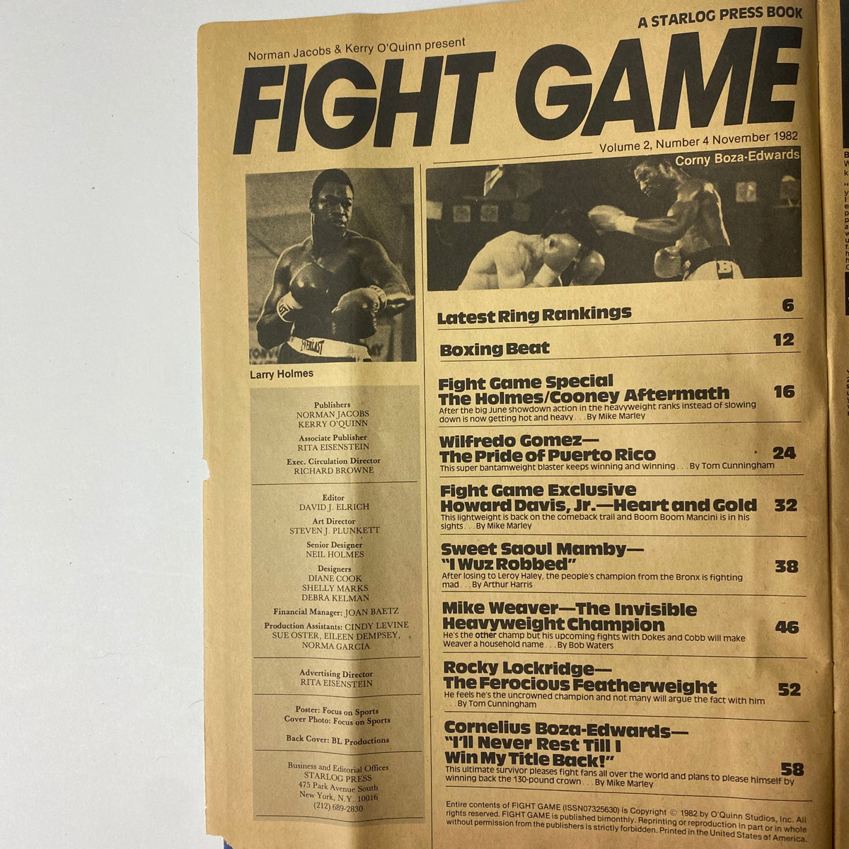 Cover of Fight Game Magazine November 1982, Vol. 2 No. 4 featuring Mike Weaver vs. The World, showcasing boxing highlights including Larry Holmes, with articles on boxing rankings, Mike Weaver, Wilfredo Gomez, and more.