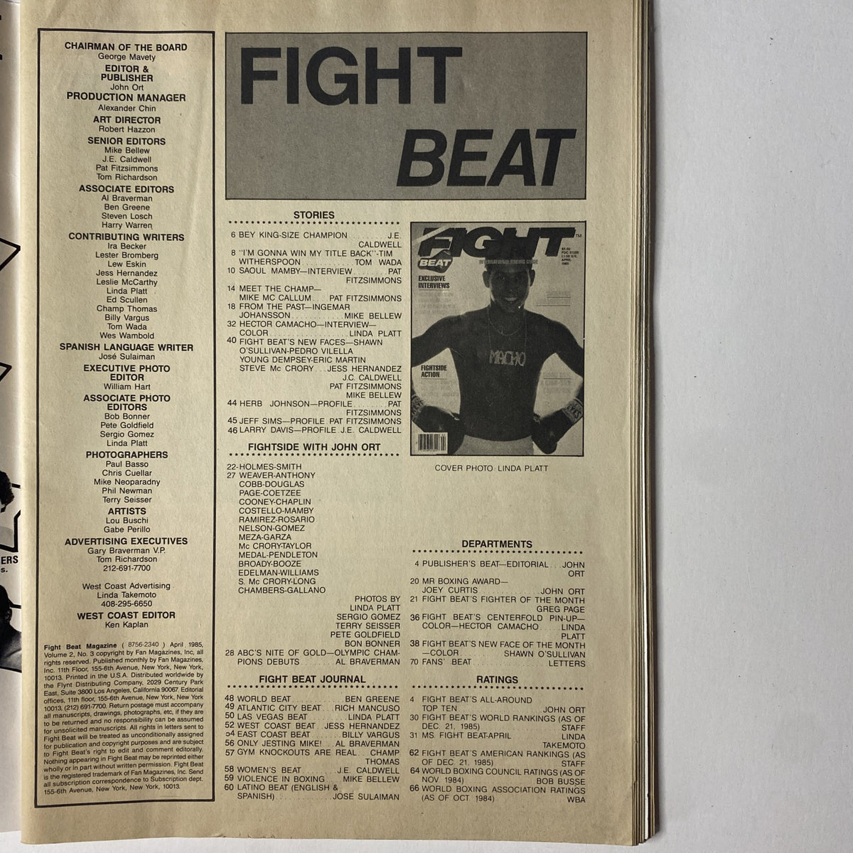 Inside page of Fight Beat Magazine April 1985 displaying the contents list, including feature stories and interviews with boxing personalities like Hector Camacho and Tim Witherspoon.